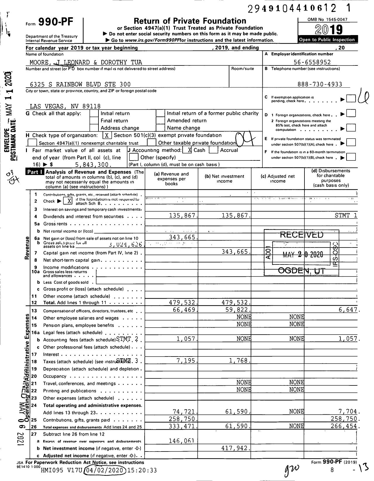 Image of first page of 2019 Form 990PF for Moore J Leonard and Dorothy Tua