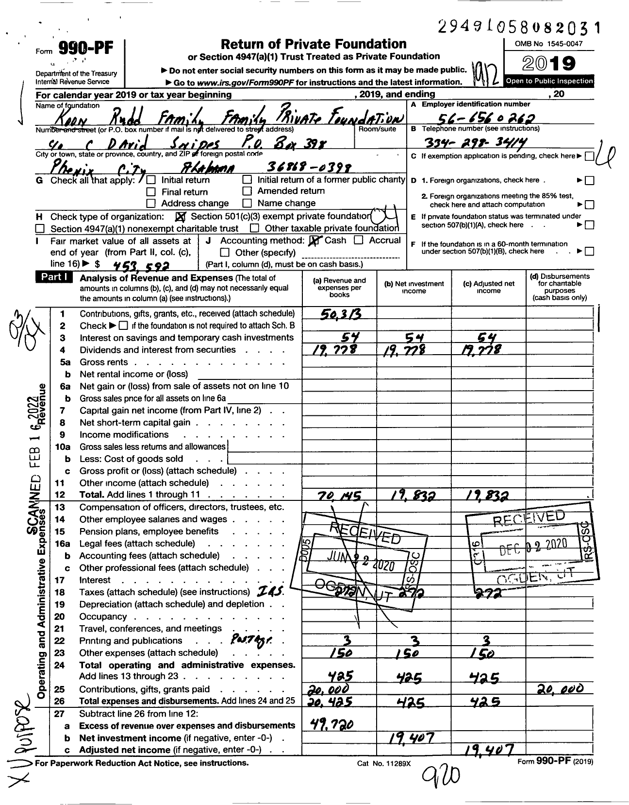 Image of first page of 2019 Form 990PF for Koon Rudd Family Private Foundation