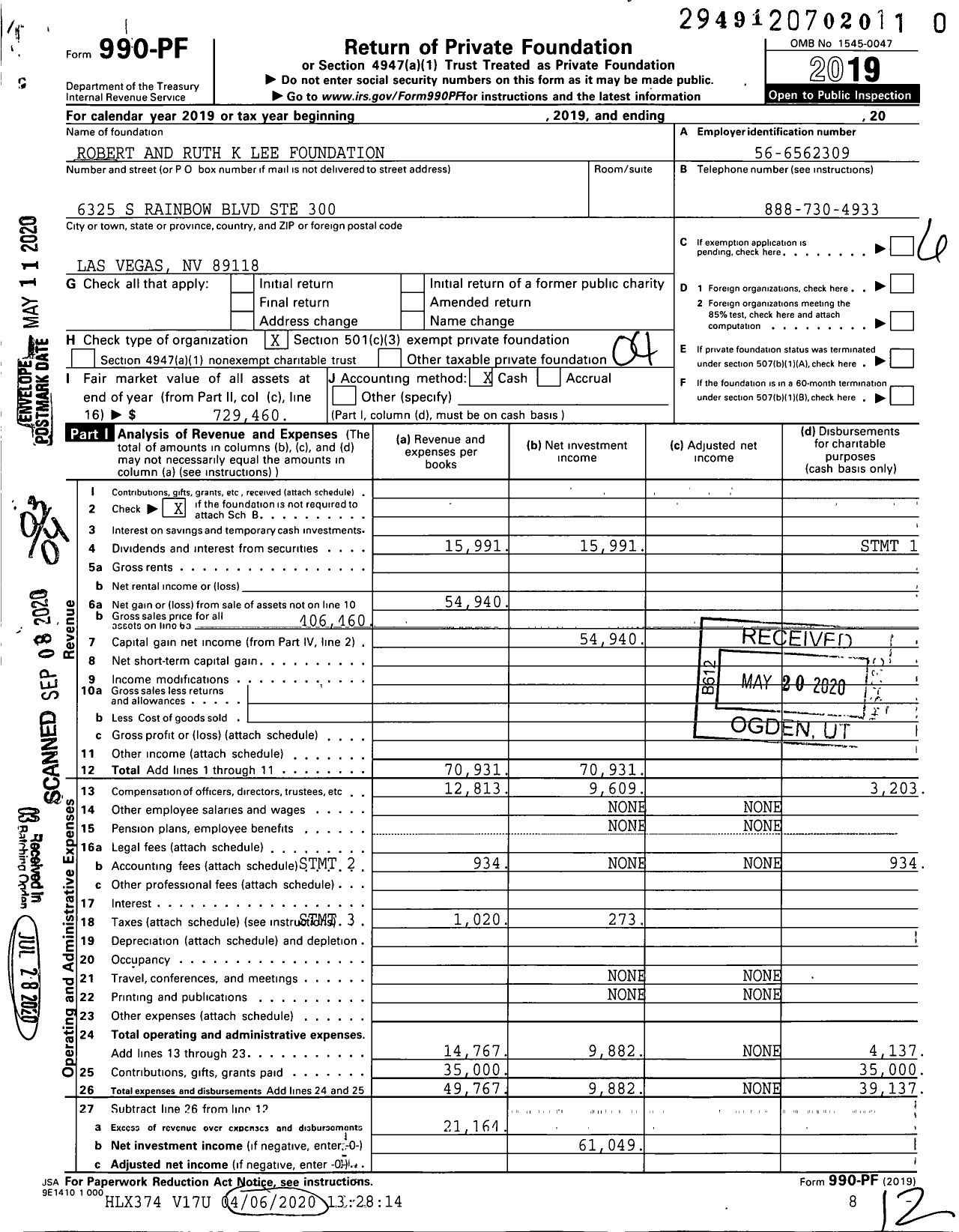 Image of first page of 2019 Form 990PR for Robert and Ruth K Lee Foundation