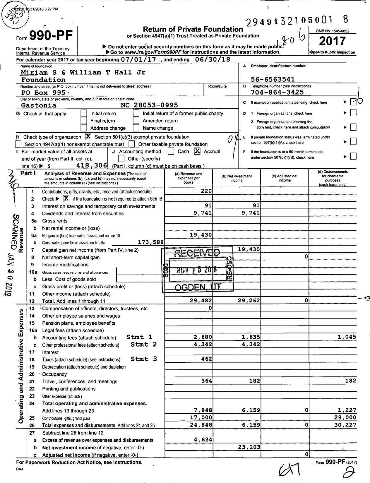 Image of first page of 2017 Form 990PF for Miriam S and William T Hall JR Foundation