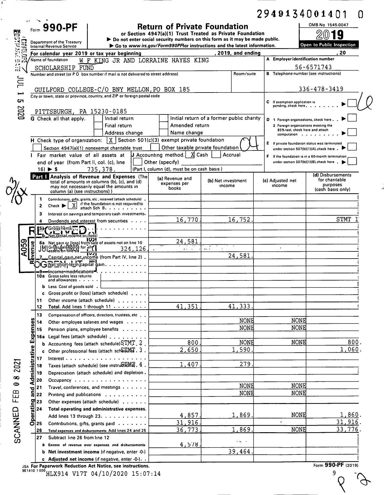 Image of first page of 2019 Form 990PF for W F King JR and Lorraine Hayes King