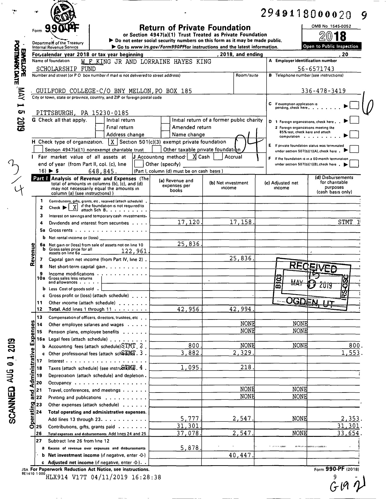 Image of first page of 2018 Form 990PF for W F King JR and Lorraine Hayes King