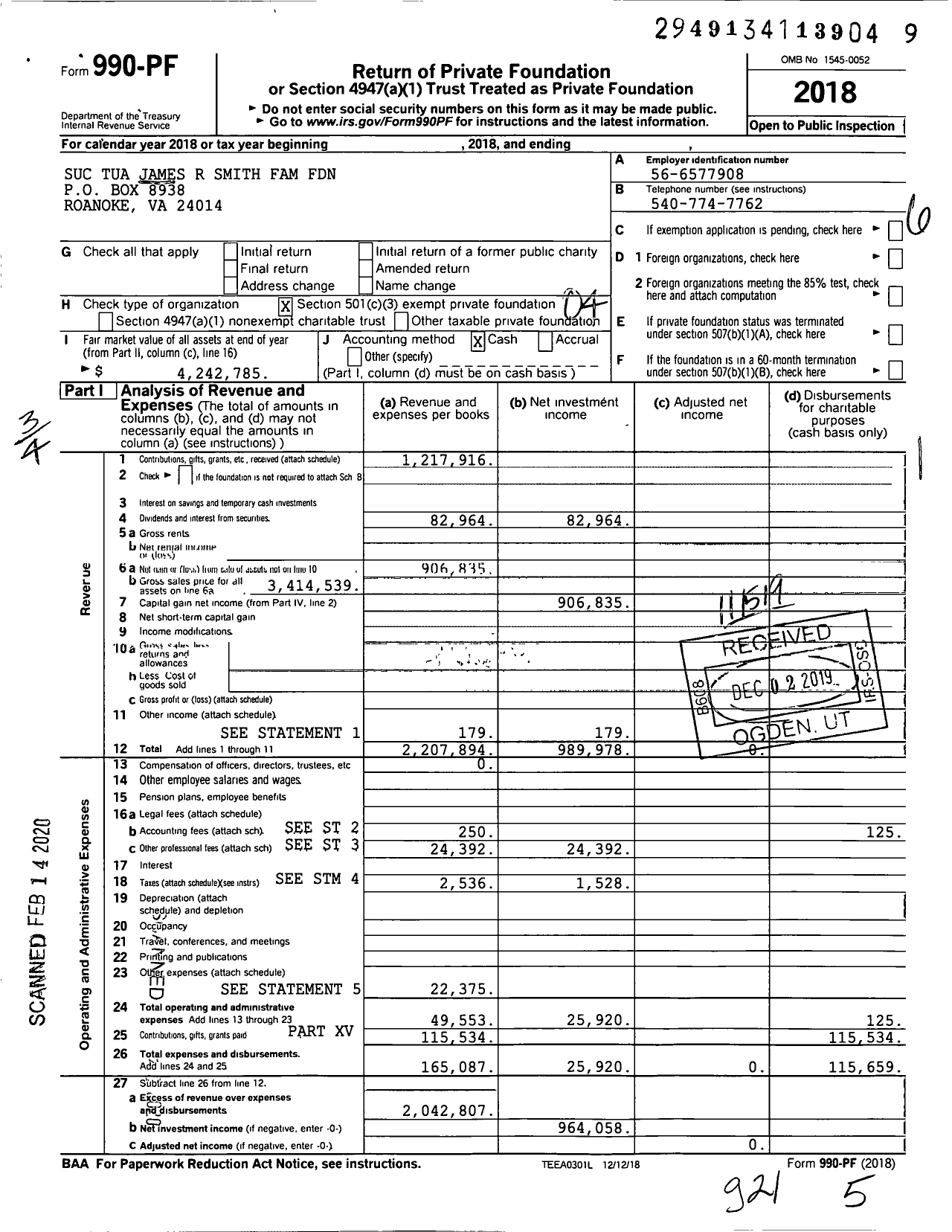 Image of first page of 2018 Form 990PF for James R Smith Family Foundation