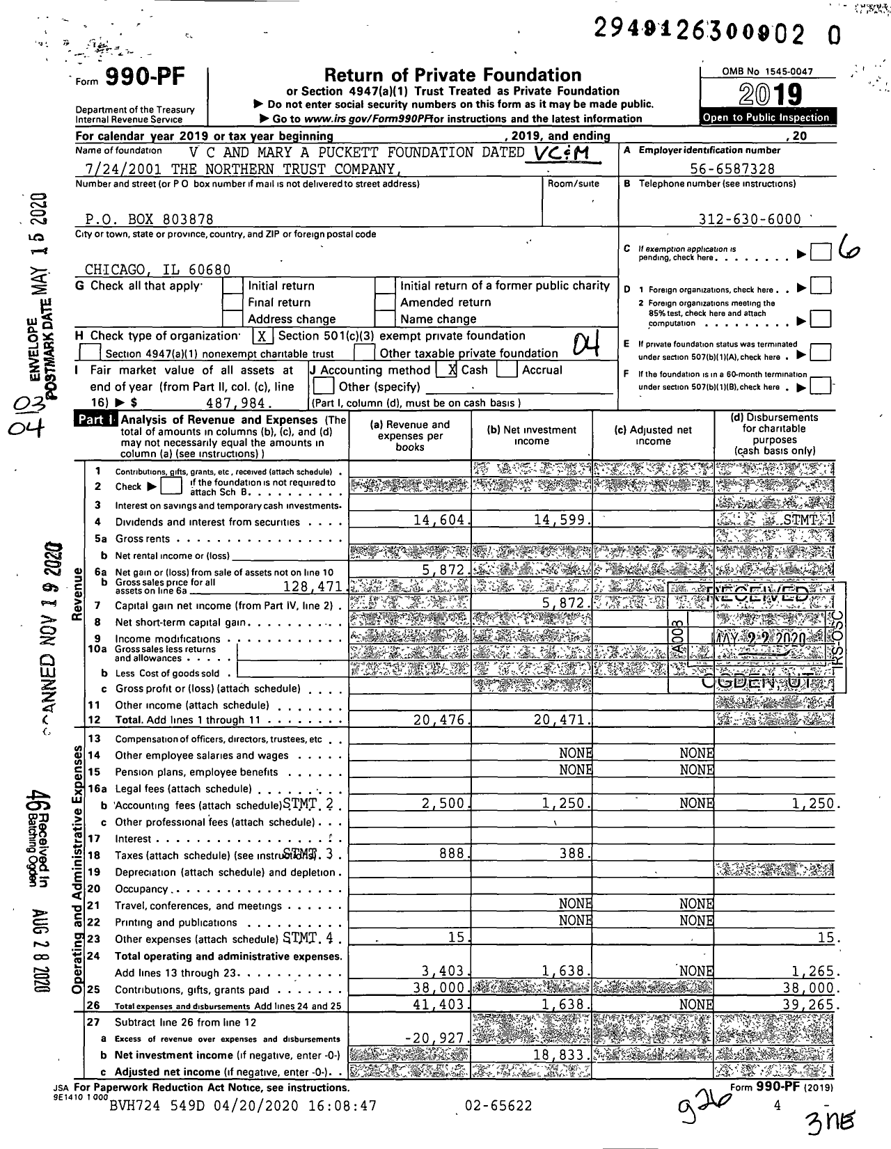 Image of first page of 2019 Form 990PF for V C and Mary A Puckett Foundation