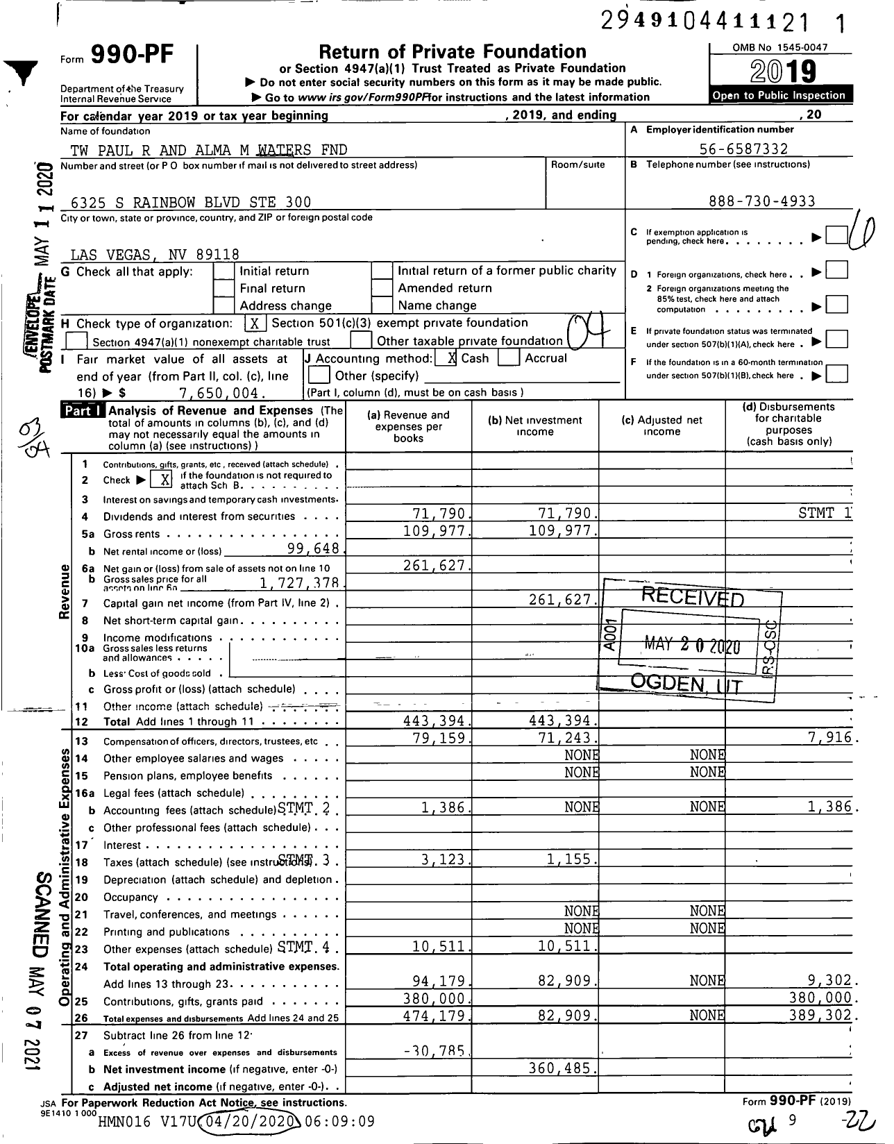 Image of first page of 2019 Form 990PF for TW Paul R and Alma M Waters FND