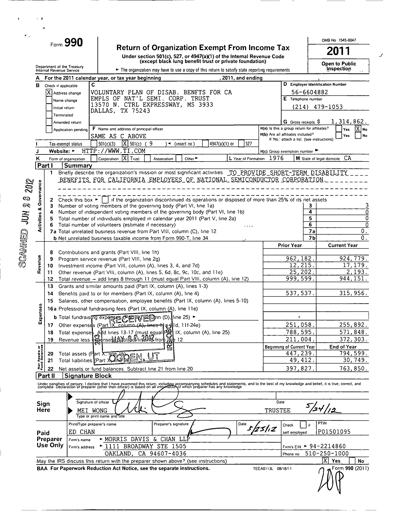Image of first page of 2011 Form 990O for Voluntary Plan of Disab Benfts for Ca Empls of National Semi Corp Trust