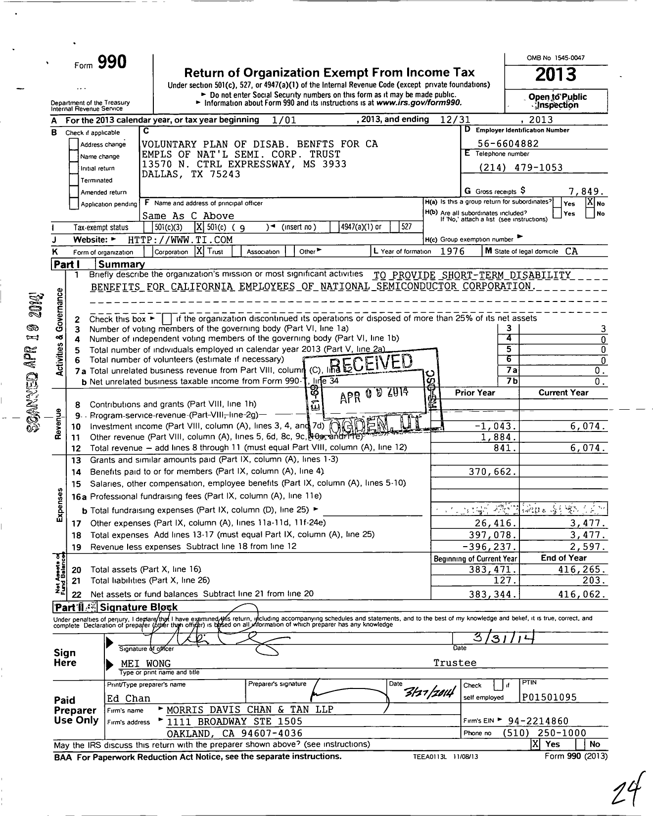 Image of first page of 2013 Form 990O for Voluntary Plan of Disab Benfts for Ca Empls of National Semi Corp Trust