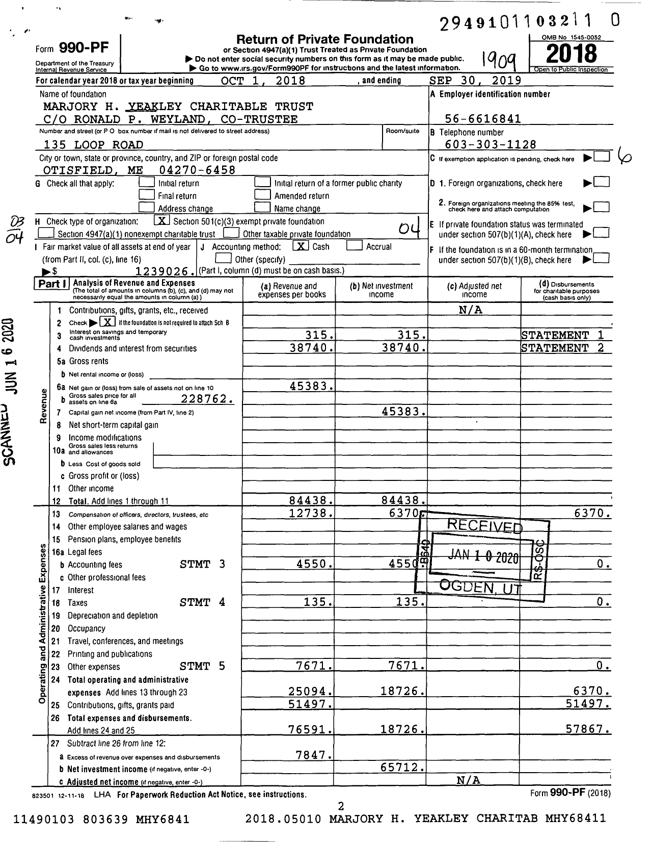 Image of first page of 2018 Form 990PR for Marjory H Yeakley Charitable Trust