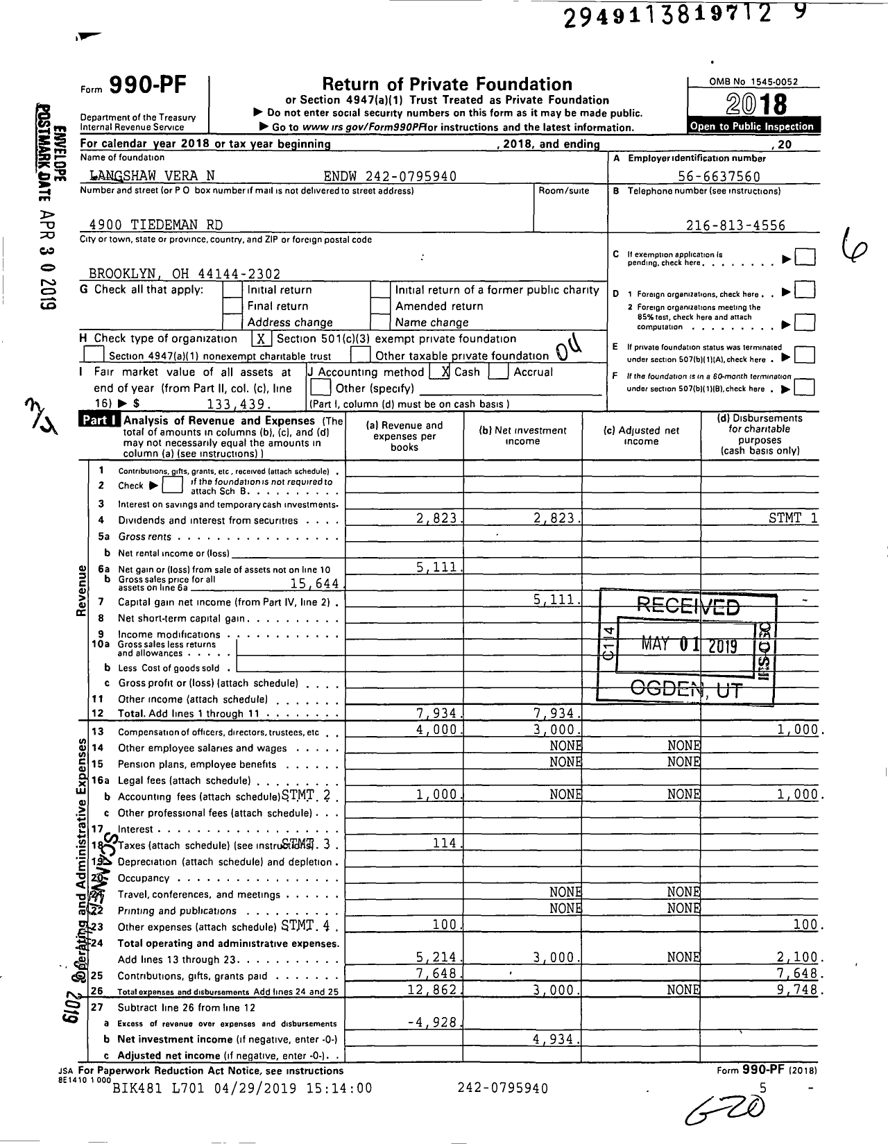 Image of first page of 2018 Form 990PF for Langshaw Vera N Endw