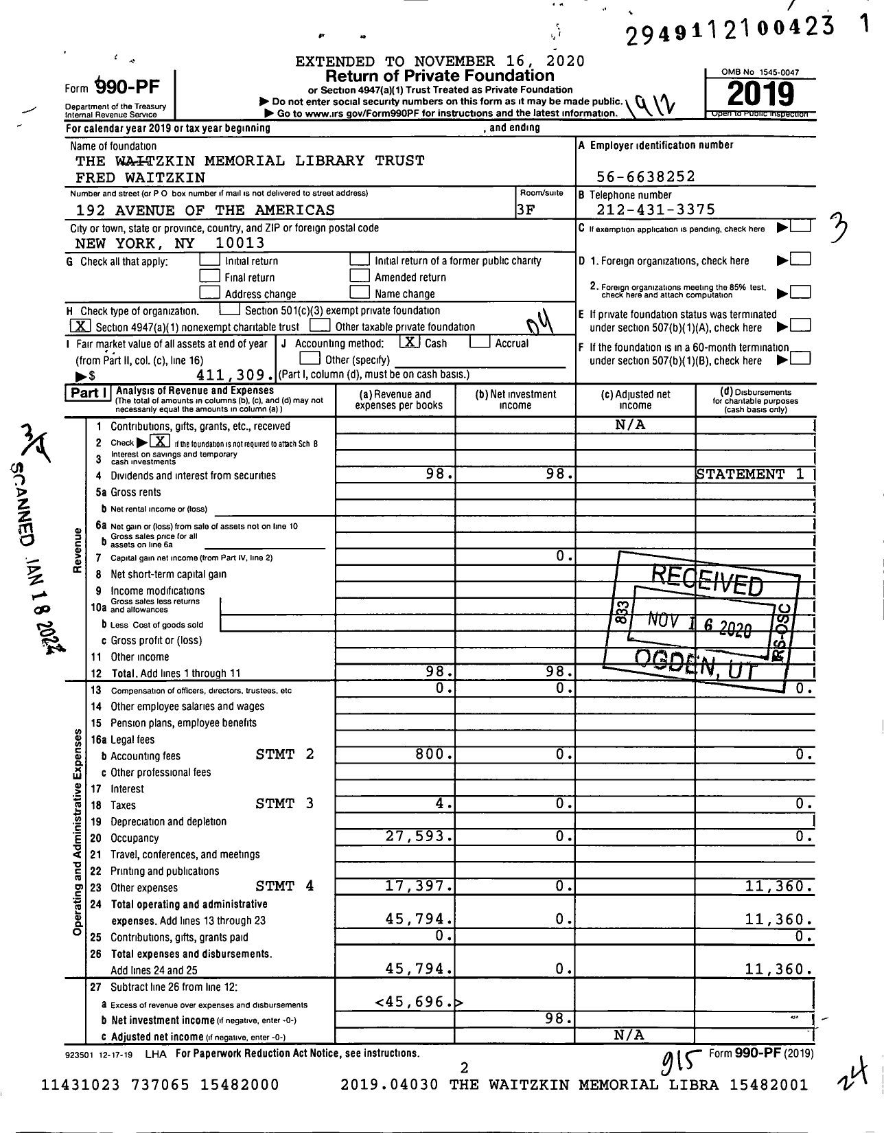 Image of first page of 2019 Form 990PF for The Waitzkin Memorial Library Trust Fred Waitzkin