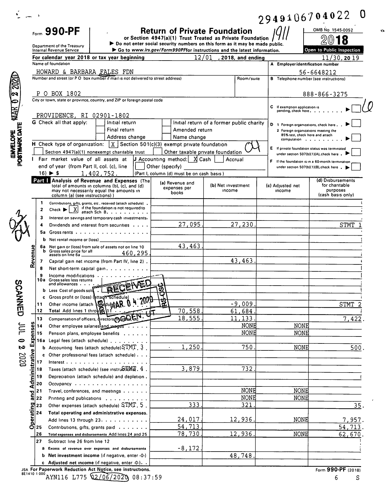 Image of first page of 2018 Form 990PR for Howard and Barbara Fales Foundation