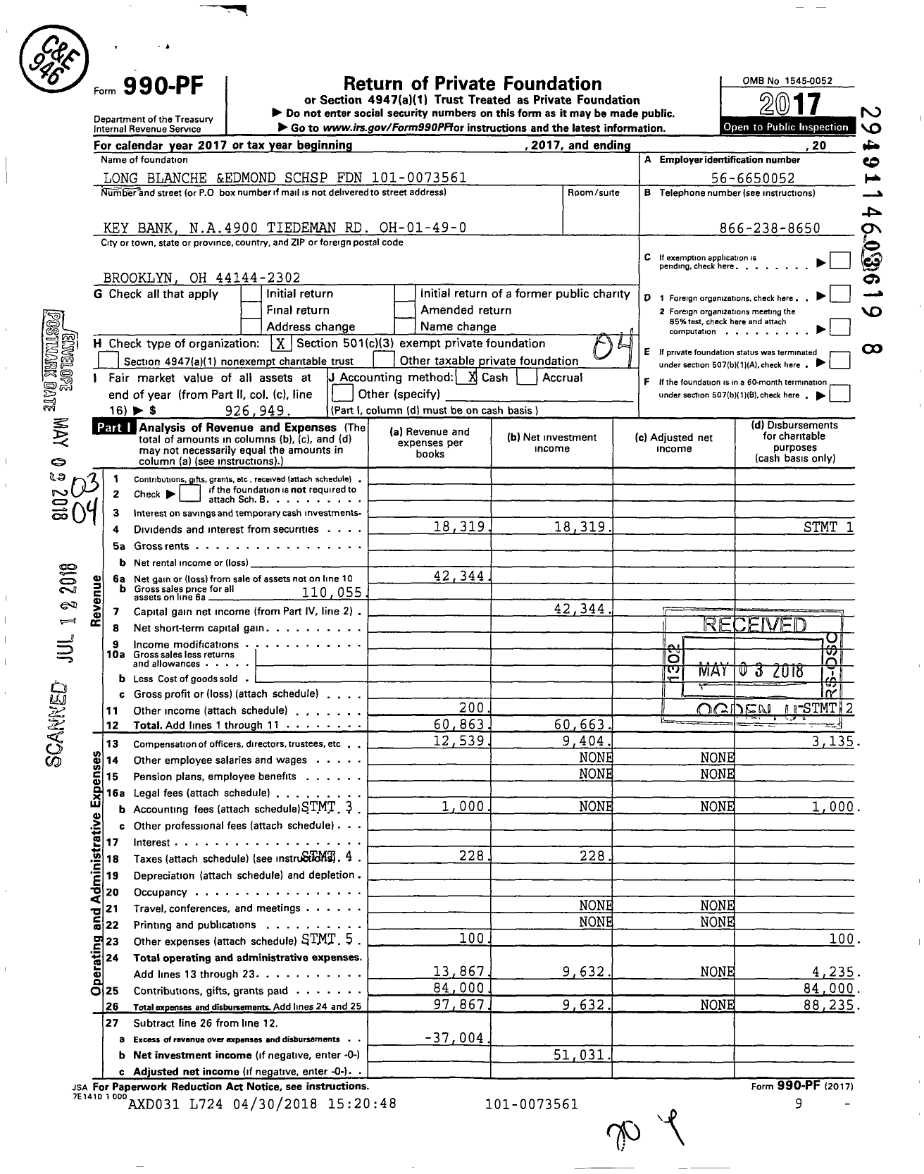 Image of first page of 2017 Form 990PF for Long Blanche &edmond SCHSP Foundation
