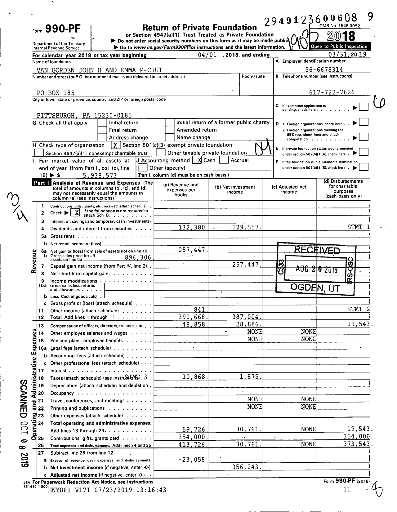 Image of first page of 2018 Form 990PF for Van Gorden John H and Emma P-Crut