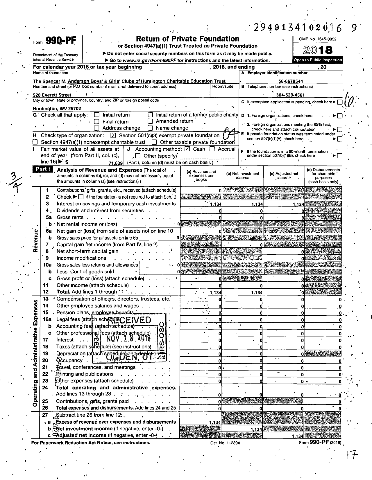 Image of first page of 2018 Form 990PF for Spencer M Anderson Boys' and Girls' Clubs of Huntington Educational Trust