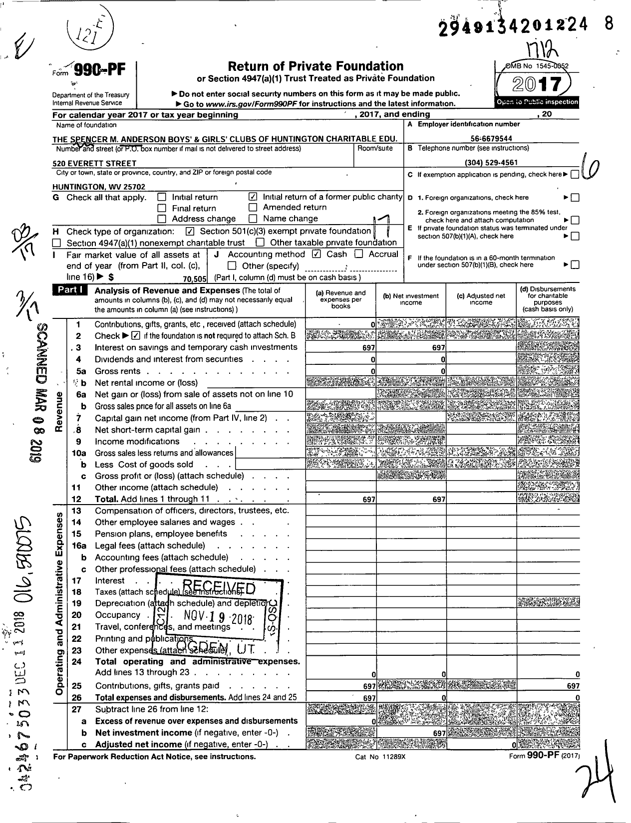 Image of first page of 2017 Form 990PF for Spencer M Anderson Boys' and Girls' Clubs of Huntington Educational Trust