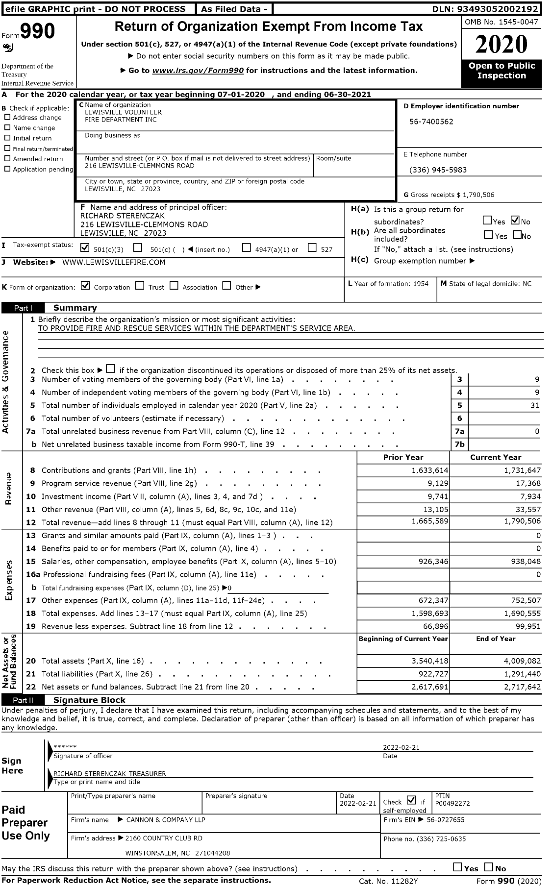 Image of first page of 2020 Form 990 for Lewisville Volunteer Fire Department