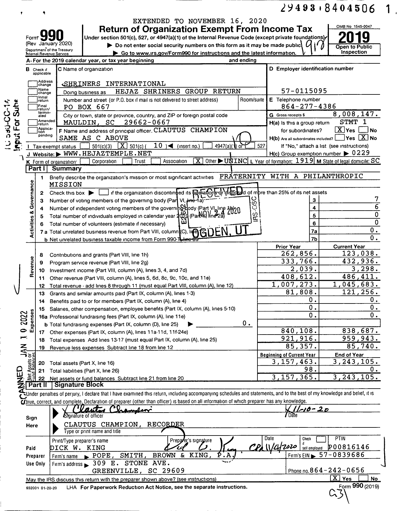 Image of first page of 2019 Form 990O for Shriners International - Hejaz Shriners Group Return