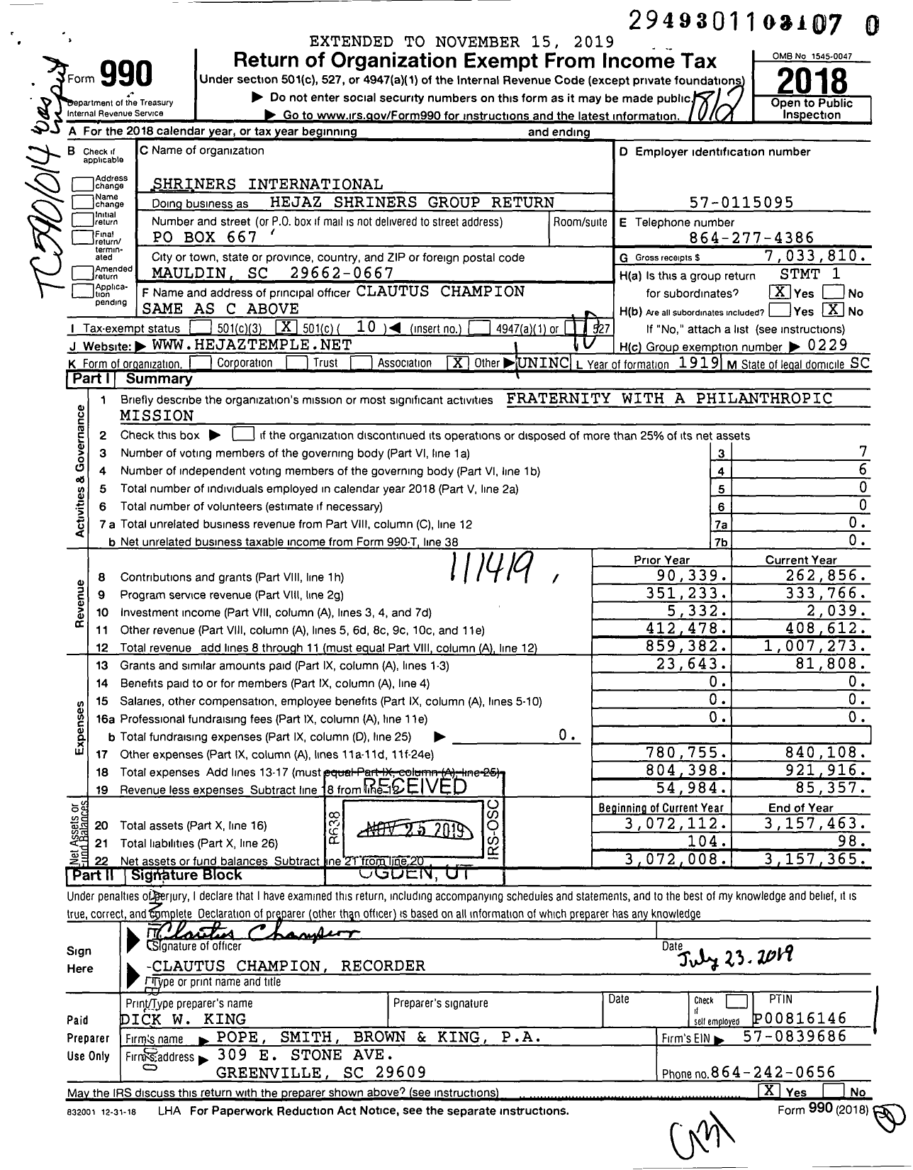 Image of first page of 2018 Form 990O for Shriners International - Hejaz Shriners Group Return