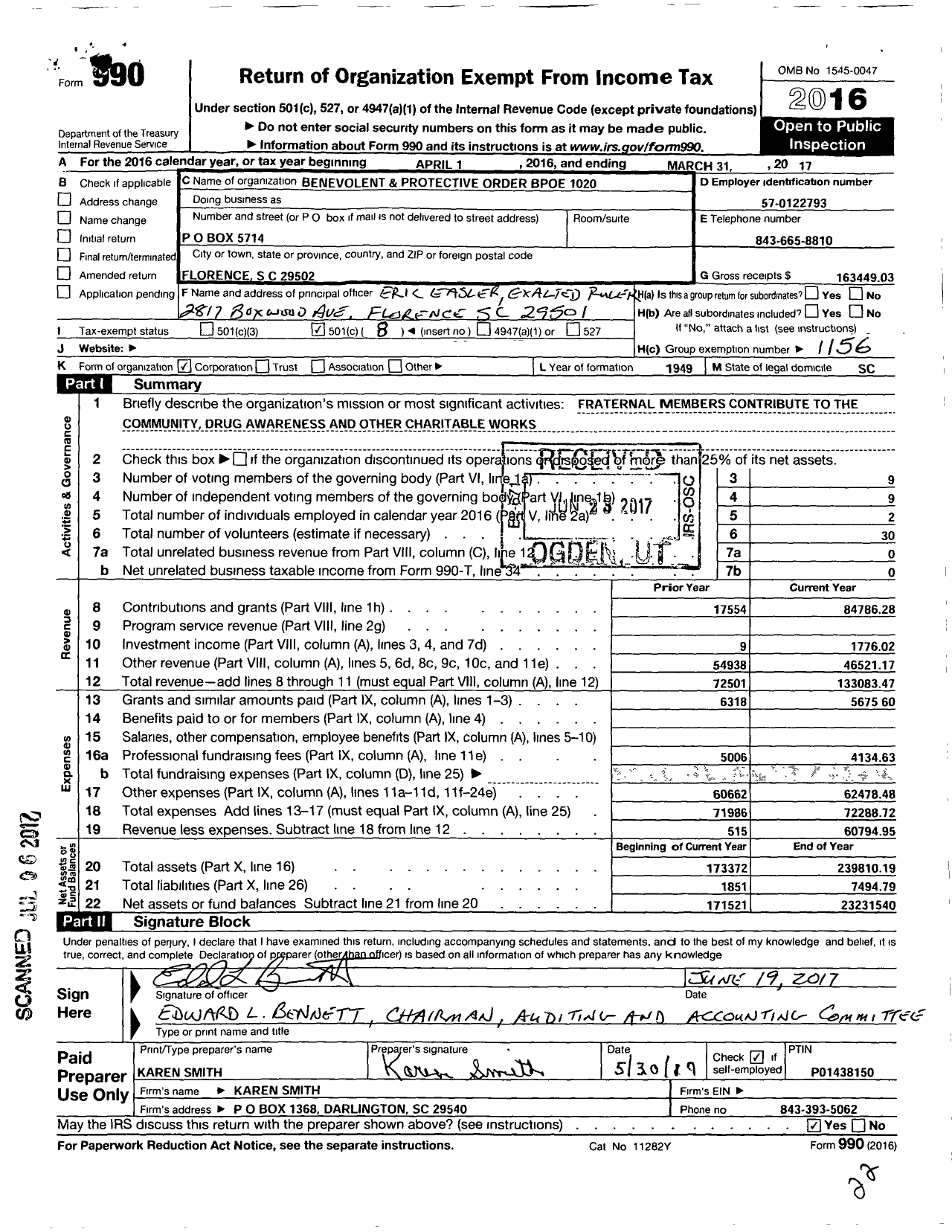 Image of first page of 2016 Form 990O for Benevolent and Protective Order of Elks - 1020 Florence