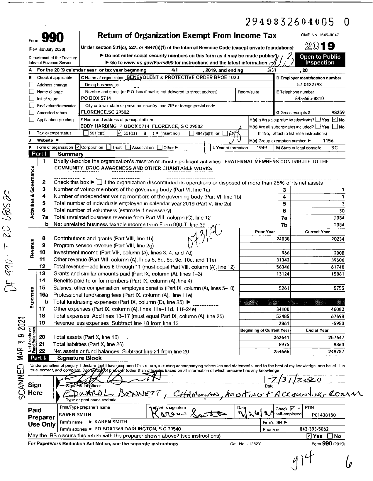 Image of first page of 2019 Form 990O for Benevolent and Protective Order of Elks - 1020 Florence