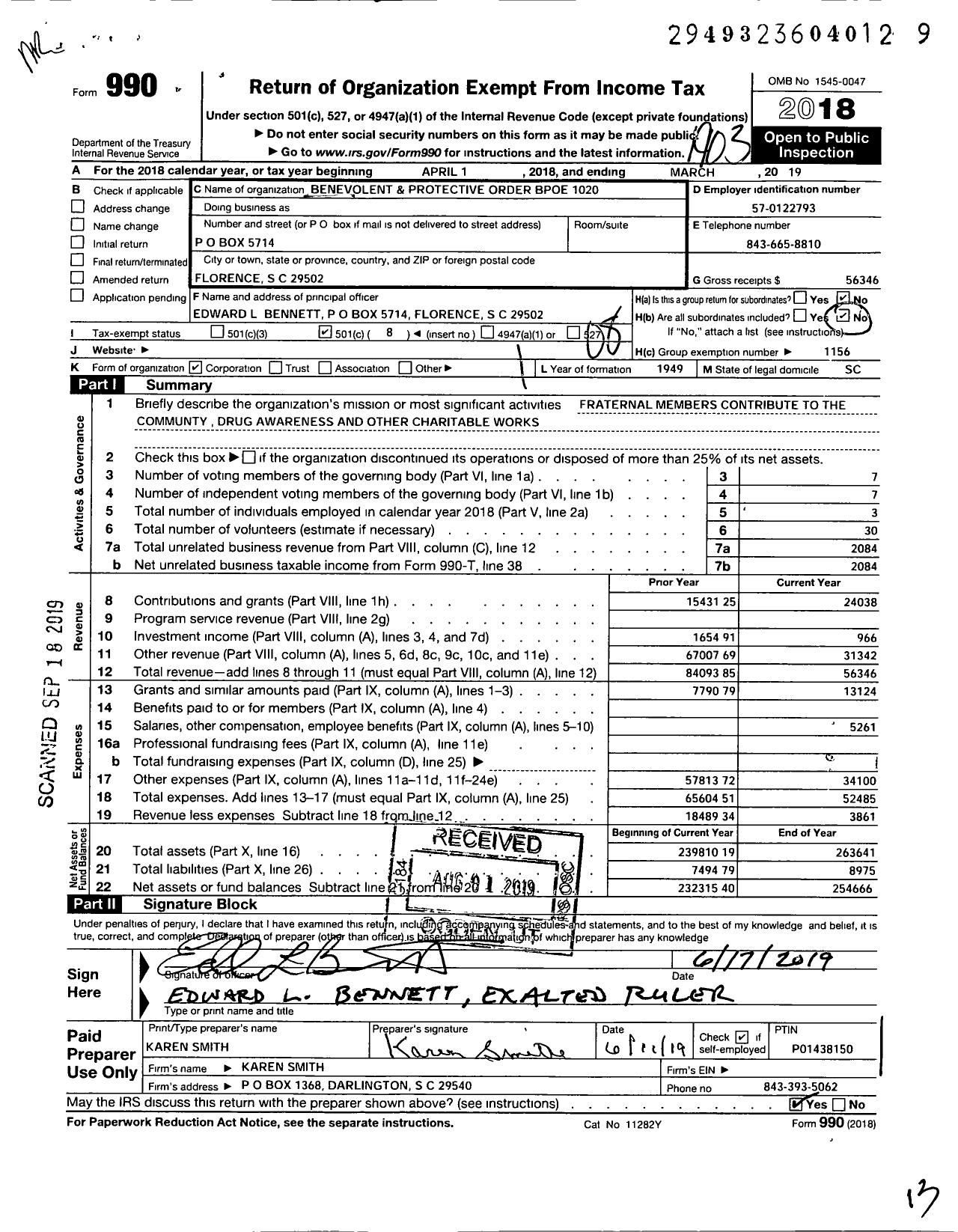 Image of first page of 2018 Form 990O for Benevolent and Protective Order of Elks - 1020 Florence