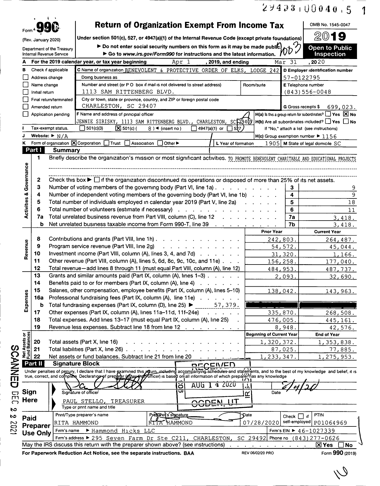 Image of first page of 2019 Form 990O for Benevolent and Protective Order of Elks - 242 Charleston