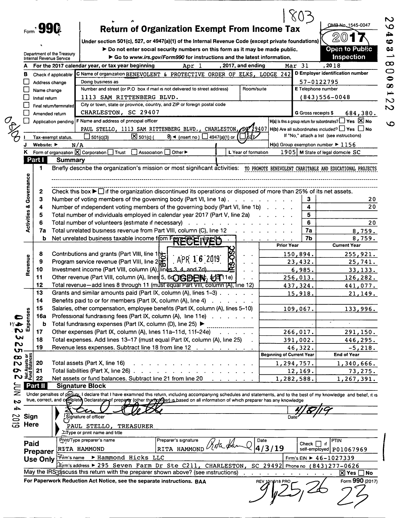 Image of first page of 2017 Form 990O for Benevolent and Protective Order of Elks - 242 Charleston