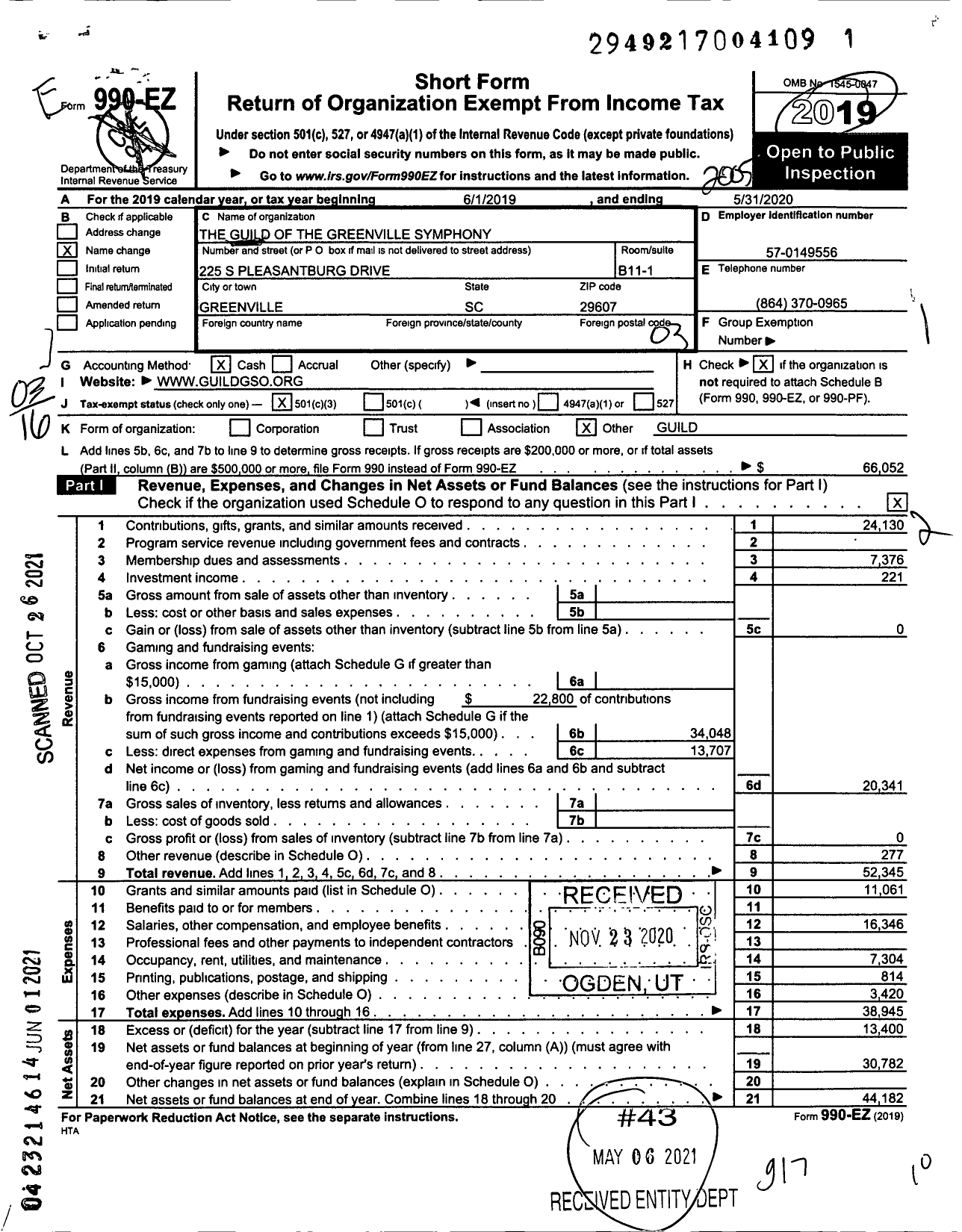 Image of first page of 2019 Form 990EZ for The Guild of the Greenville Symphony