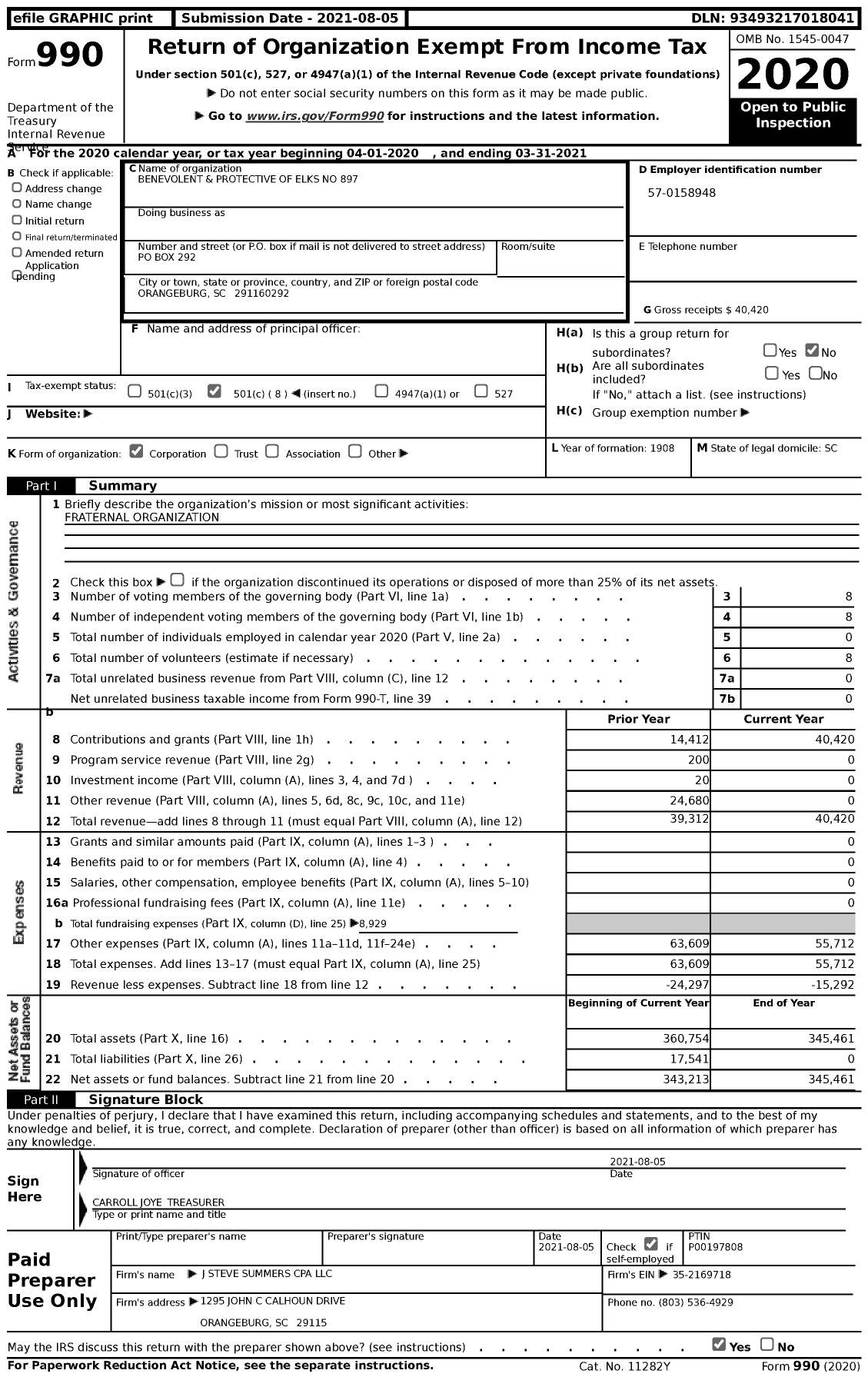 Image of first page of 2020 Form 990 for Benevolent and Protective Order of Elks - 897 Orangeburg