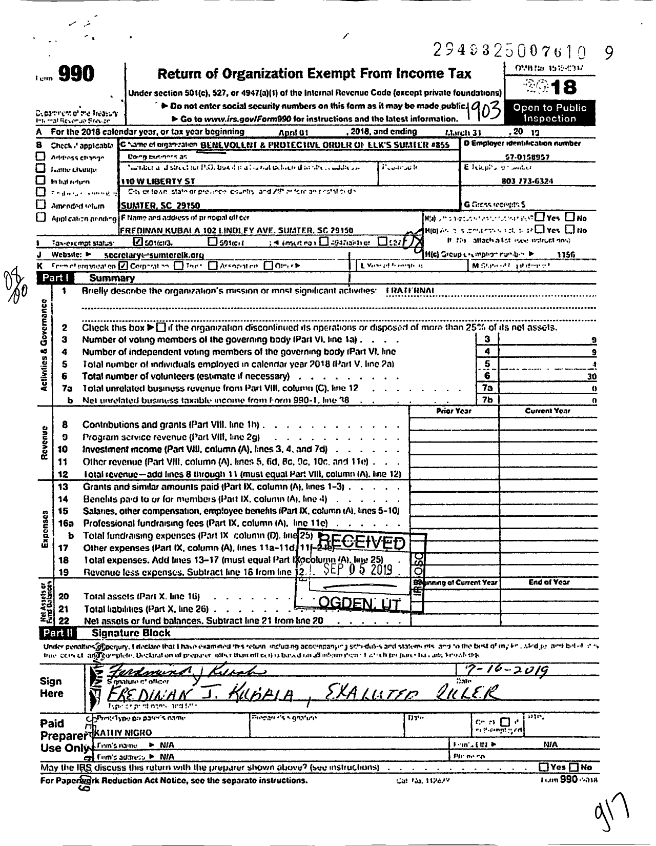 Image of first page of 2018 Form 990O for Benevolent and Protective Order of Elks - Sumter Lodge 855