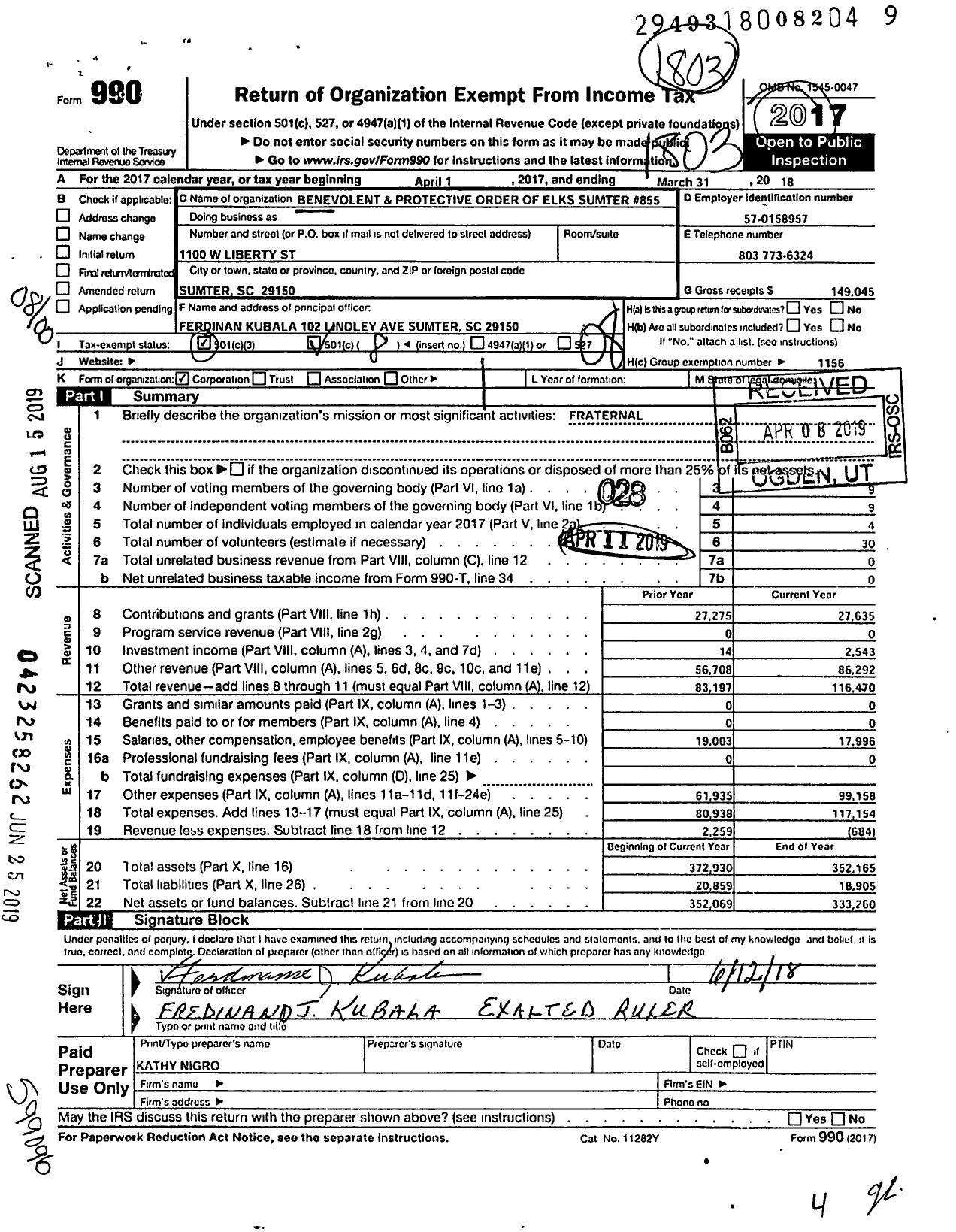 Image of first page of 2017 Form 990O for Benevolent and Protective Order of Elks - Sumter Lodge 855