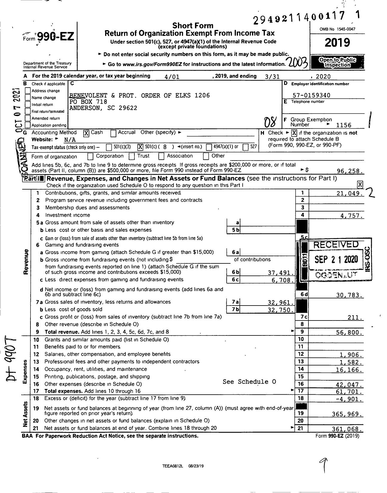 Image of first page of 2019 Form 990EO for Benevolent and Protective Order of Elks - 1206 Anderson