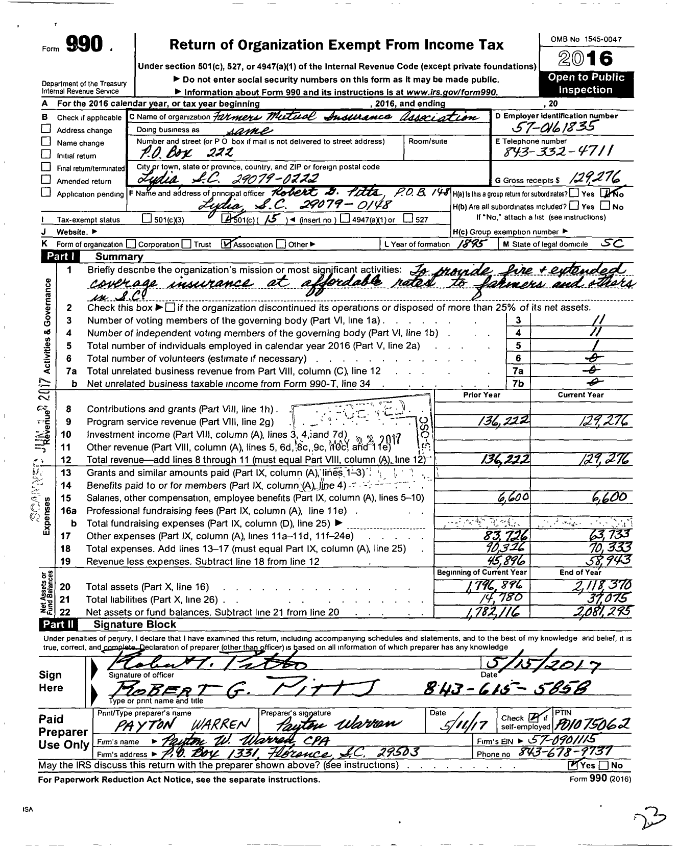 Image of first page of 2016 Form 990O for Farmers Mutual Insurance Association