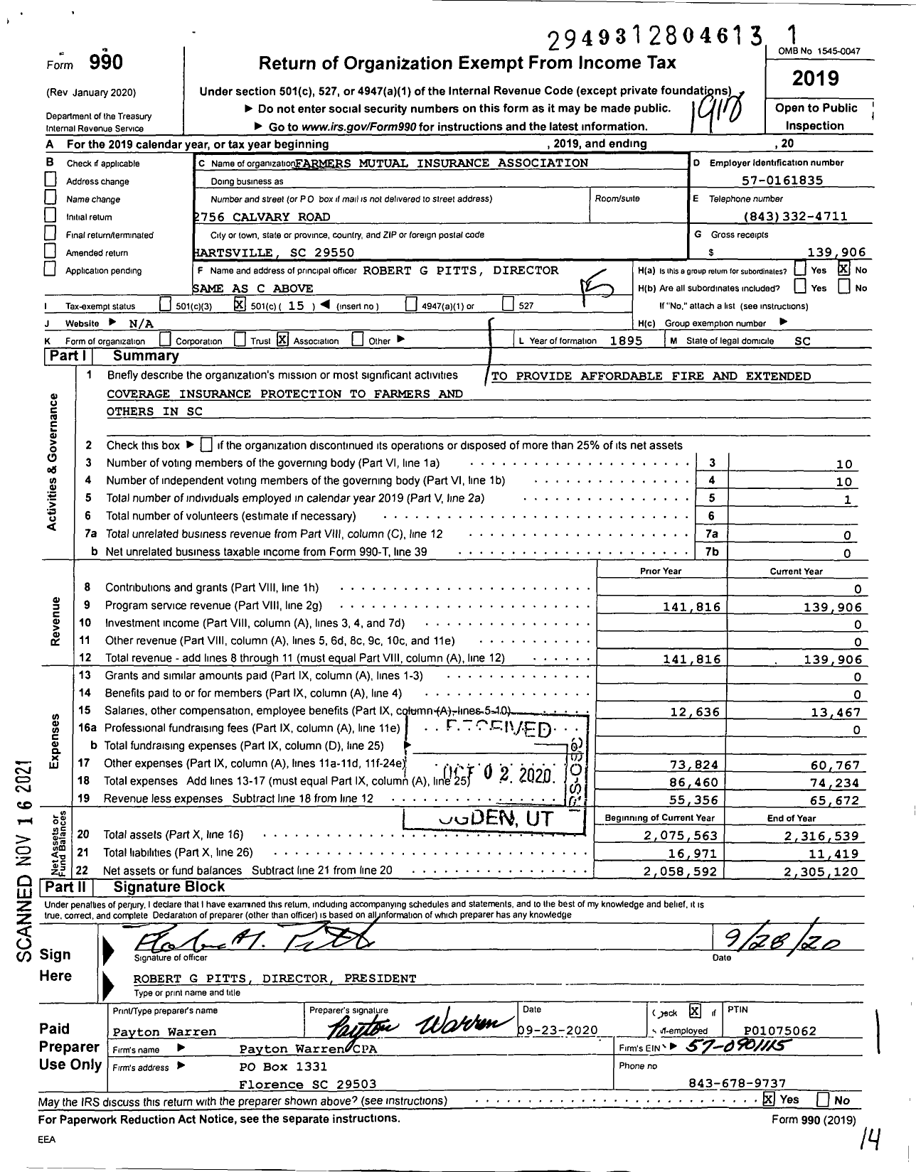 Image of first page of 2019 Form 990O for Farmers Mutual Insurance Association