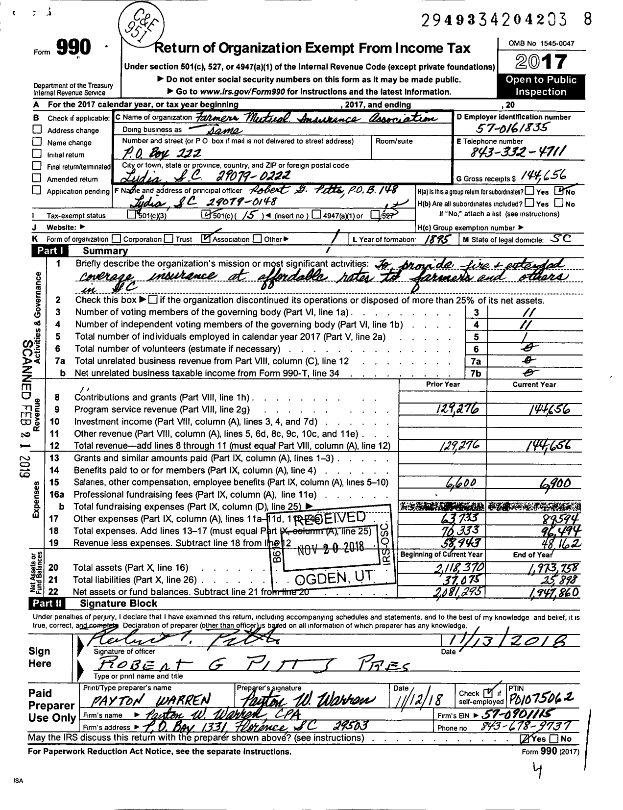 Image of first page of 2017 Form 990O for Farmers Mutual Insurance Association