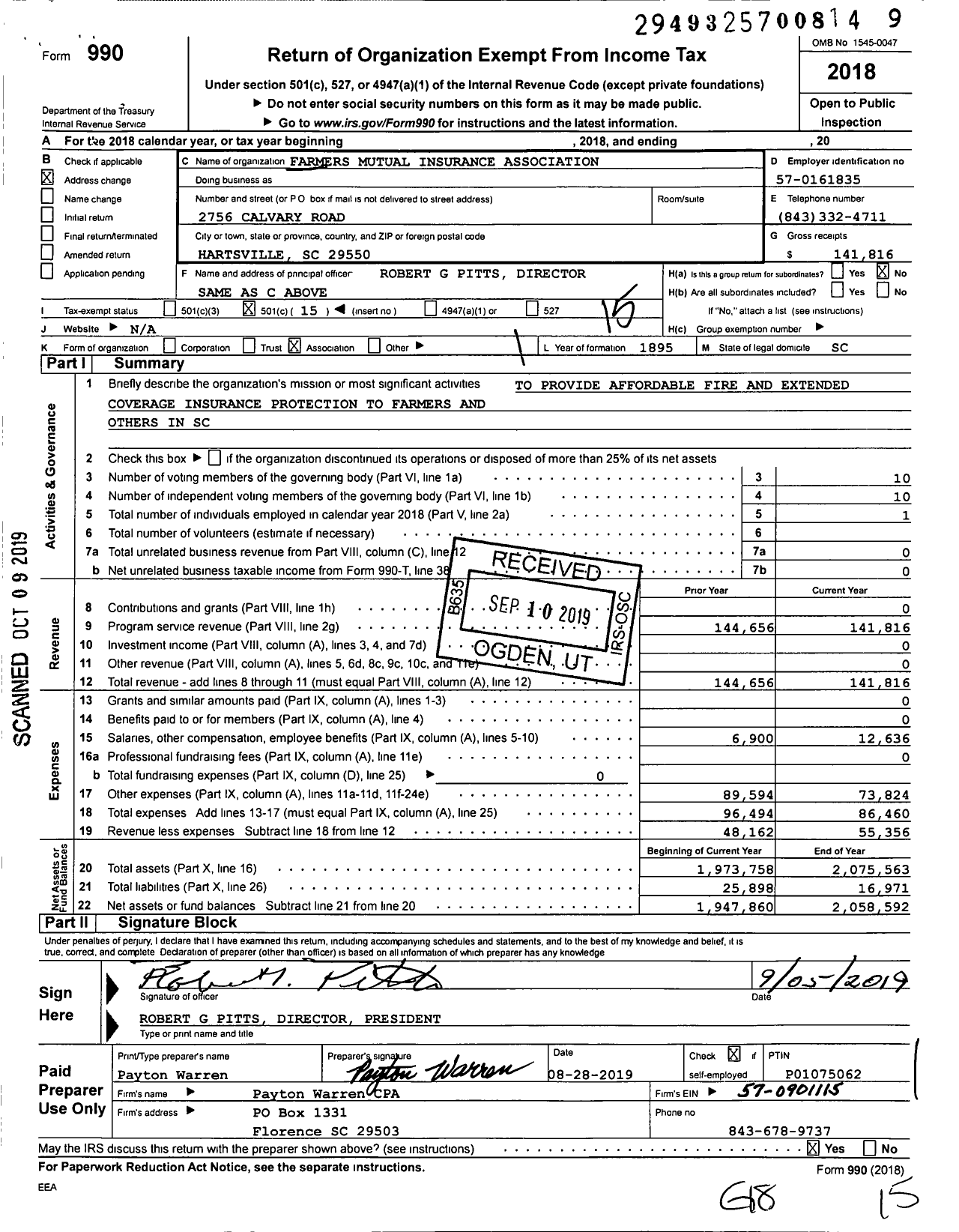 Image of first page of 2018 Form 990O for Farmers Mutual Insurance Association