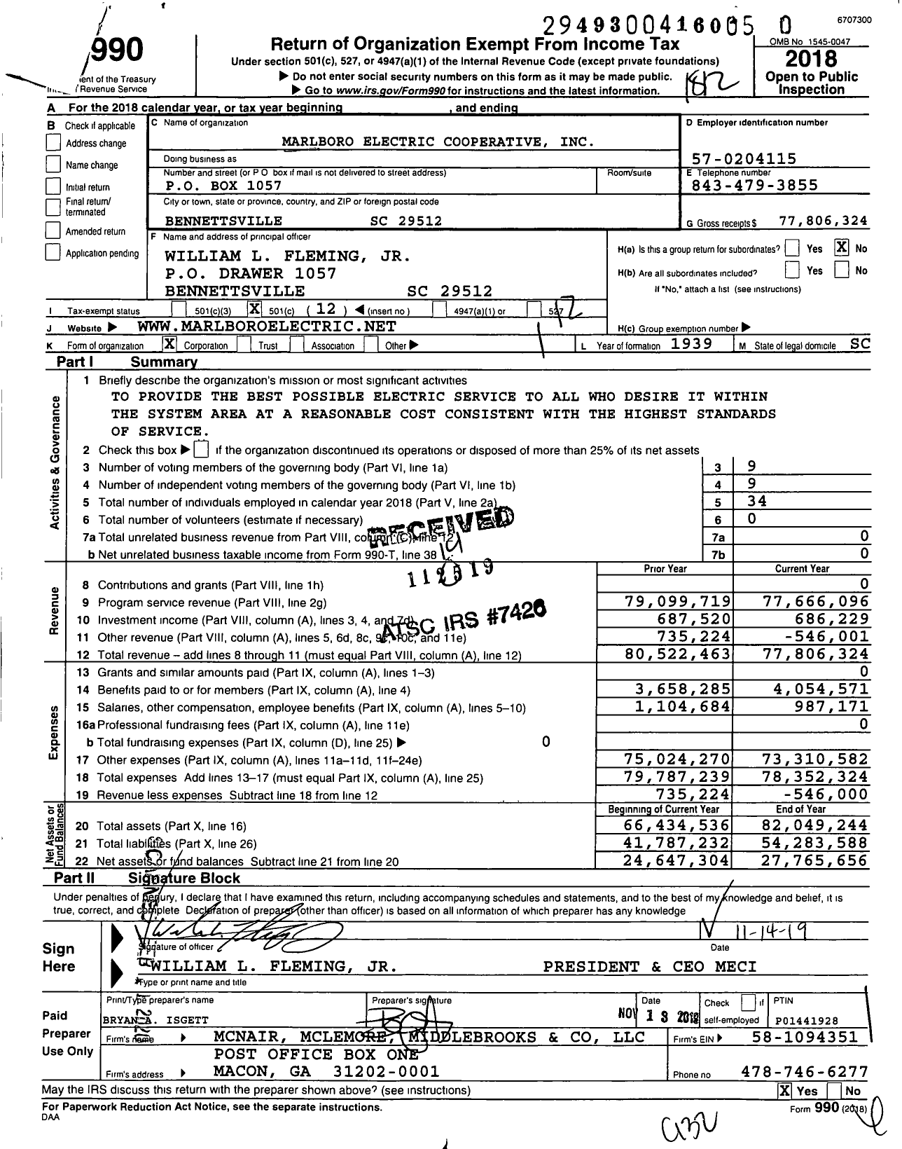 Image of first page of 2018 Form 990O for Marlboro Electric Cooperative