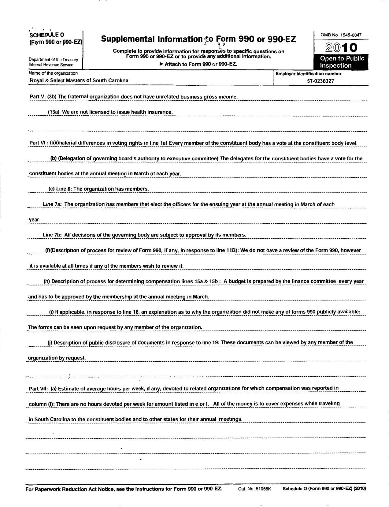Image of first page of 2010 Form 990OR for Royal and Select Masters of SC