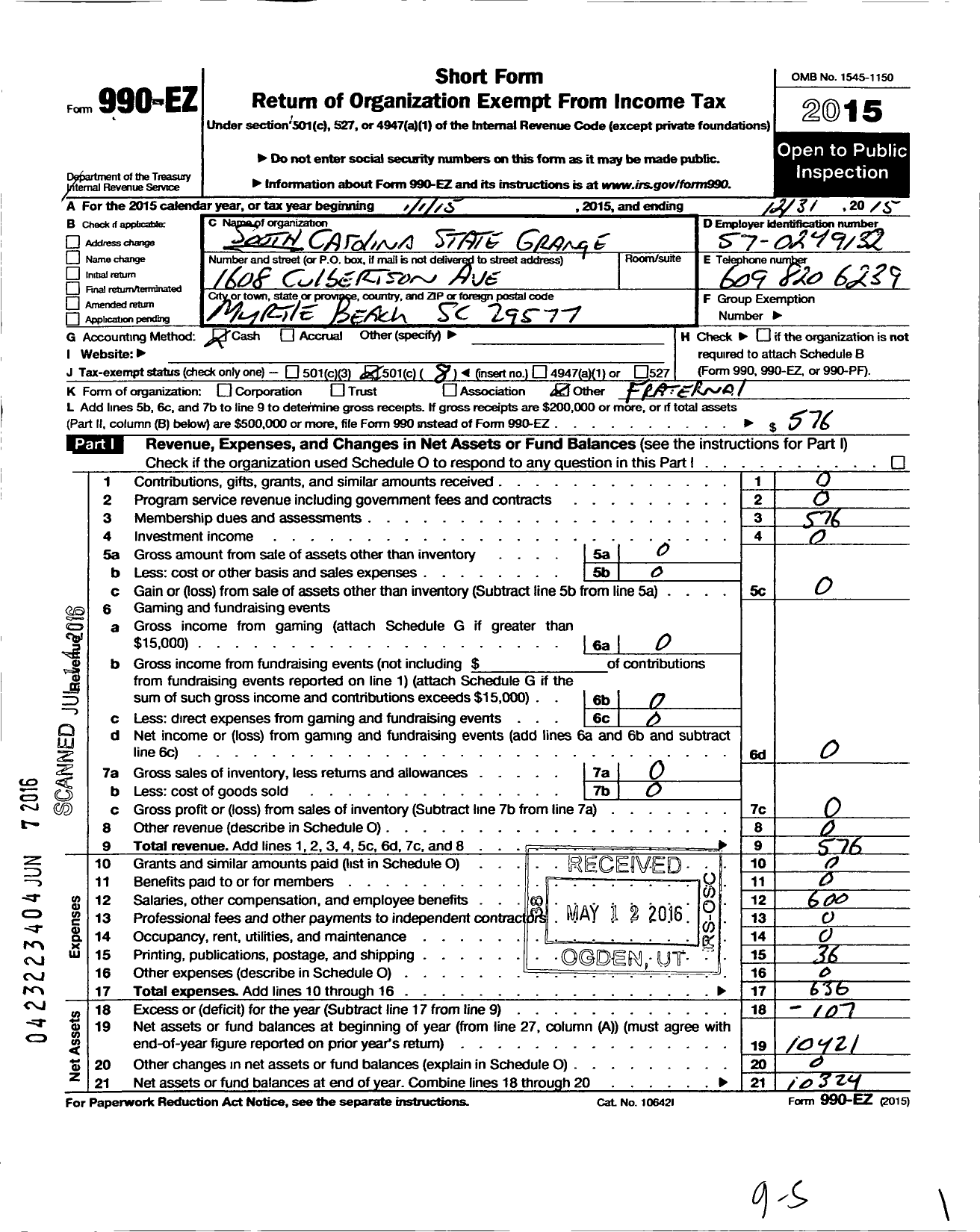 Image of first page of 2015 Form 990EO for South Carolina State Grange