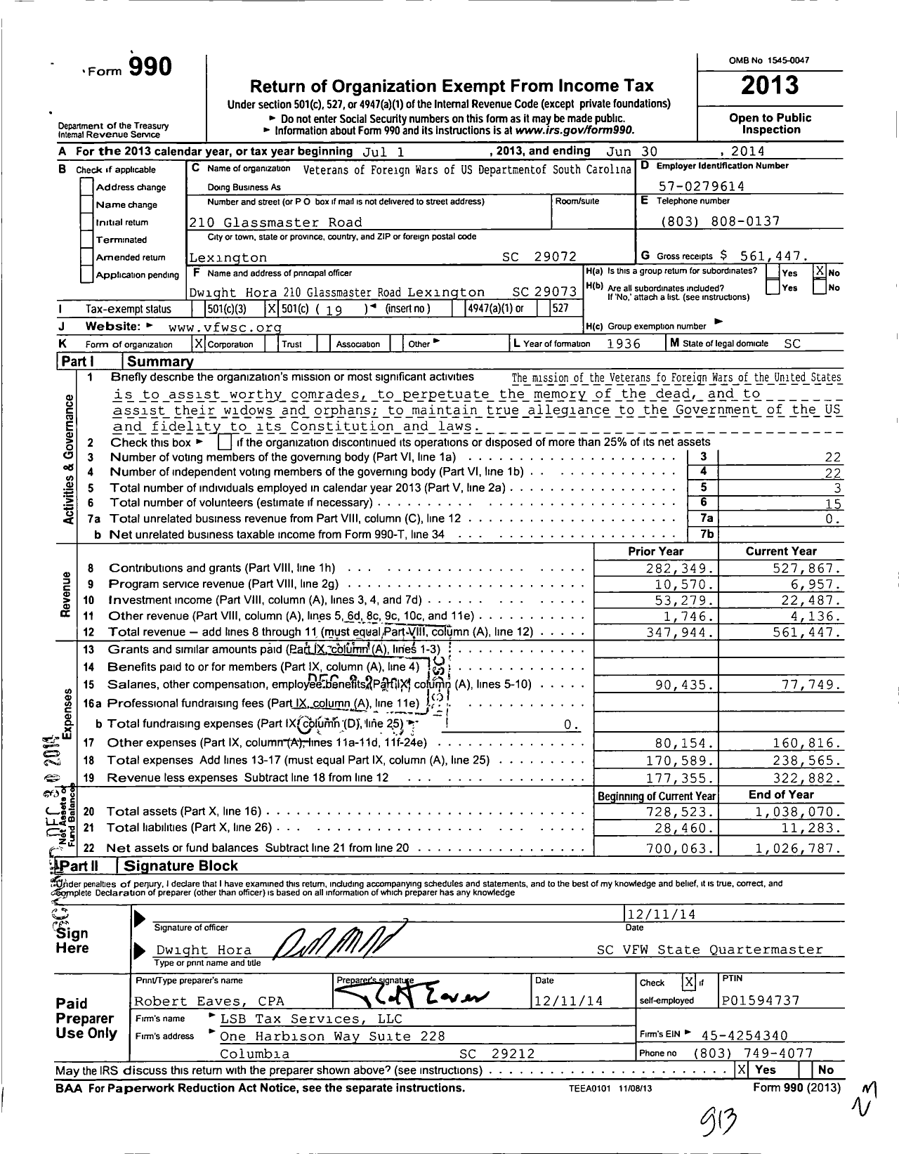 Image of first page of 2013 Form 990O for Veterans of Foreign Wars of US Departmentof South Carolina
