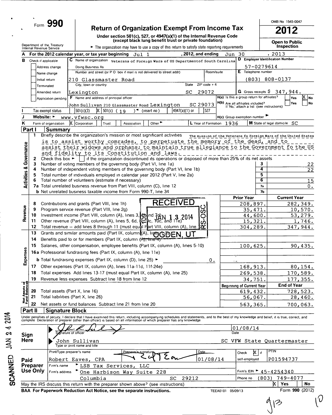 Image of first page of 2012 Form 990O for Veterans of Foreign Wars of US Departmentof South Carolina