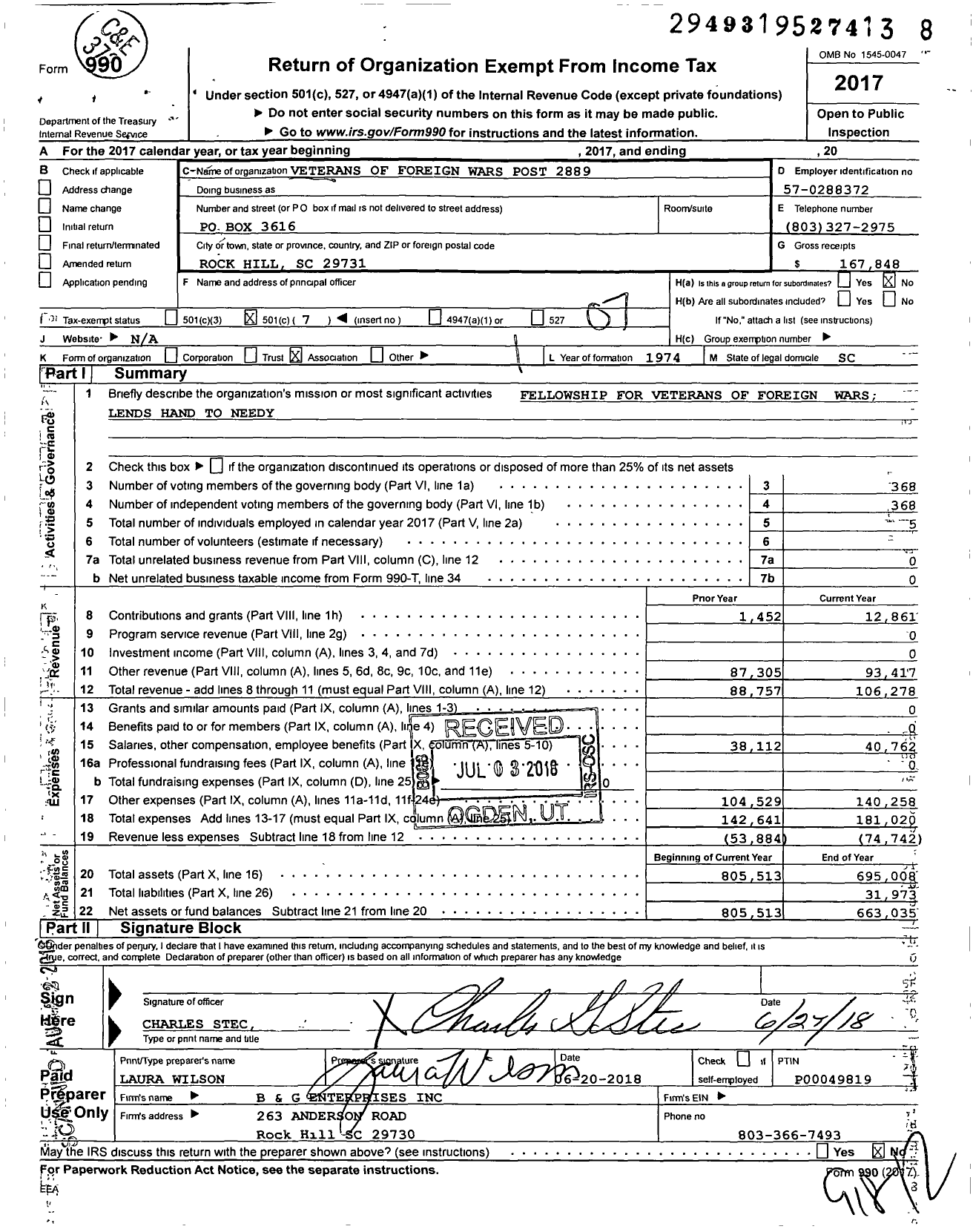 Image of first page of 2017 Form 990O for Veterans of Foreign Wars of the United States Dept of So Carolina - 2889 Old Hickory Post