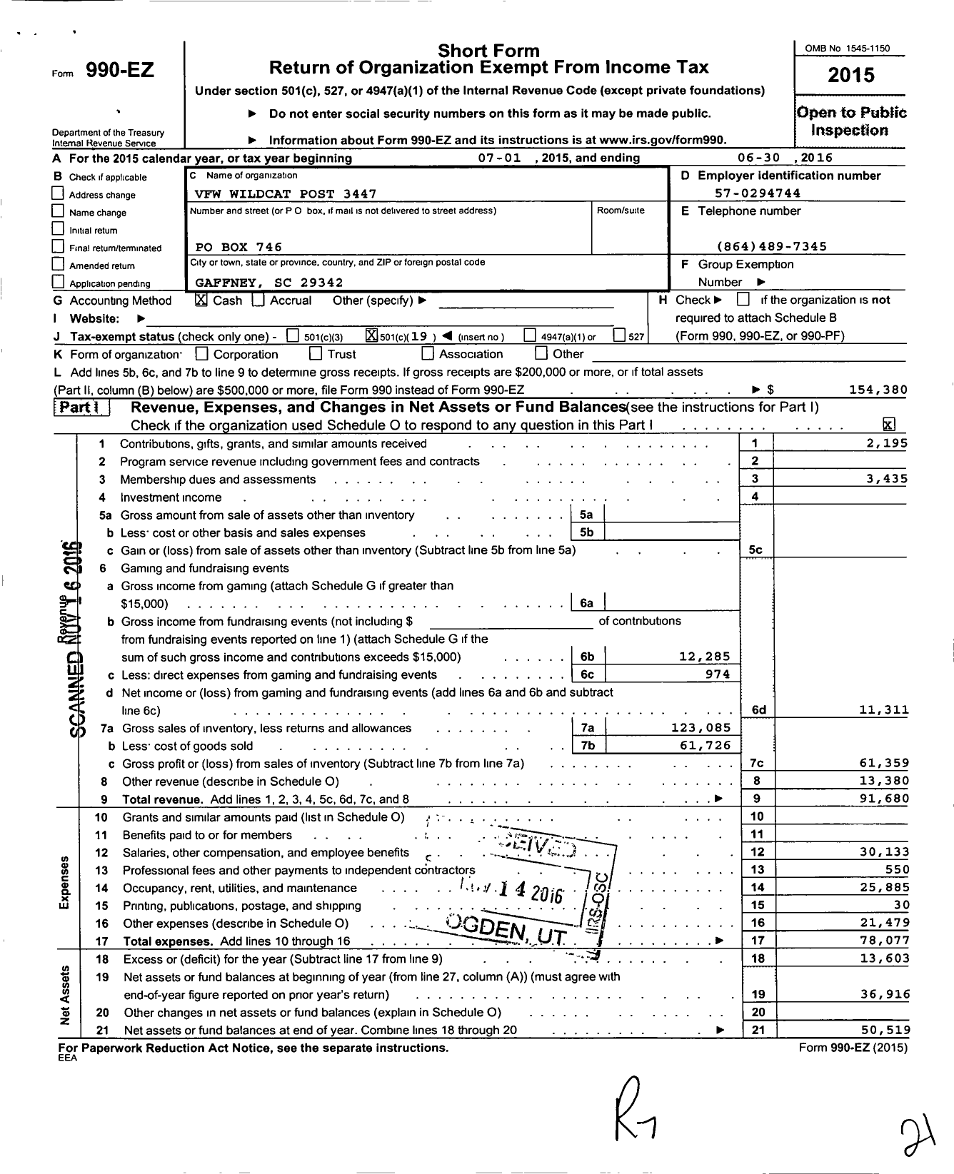 Image of first page of 2015 Form 990EO for Veterans of Foreign Wars of the United States Dept of So Carolina - 3447 Wild Cat Post