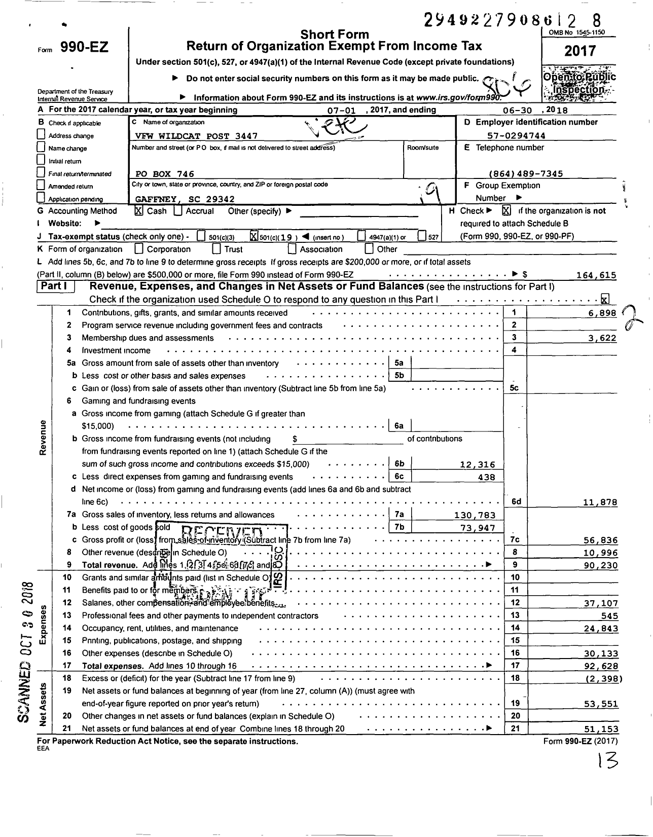 Image of first page of 2017 Form 990EO for Veterans of Foreign Wars of the United States Dept of So Carolina - 3447 Wild Cat Post