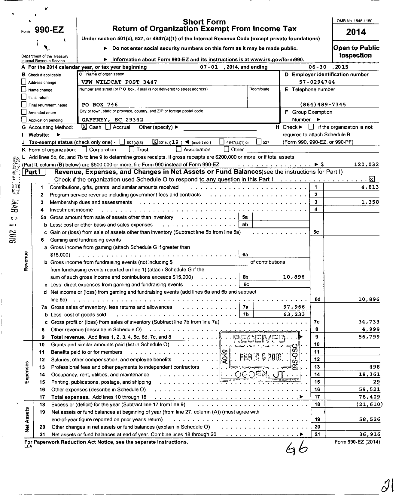 Image of first page of 2014 Form 990EO for Veterans of Foreign Wars of the United States Dept of So Carolina - 3447 Wild Cat Post