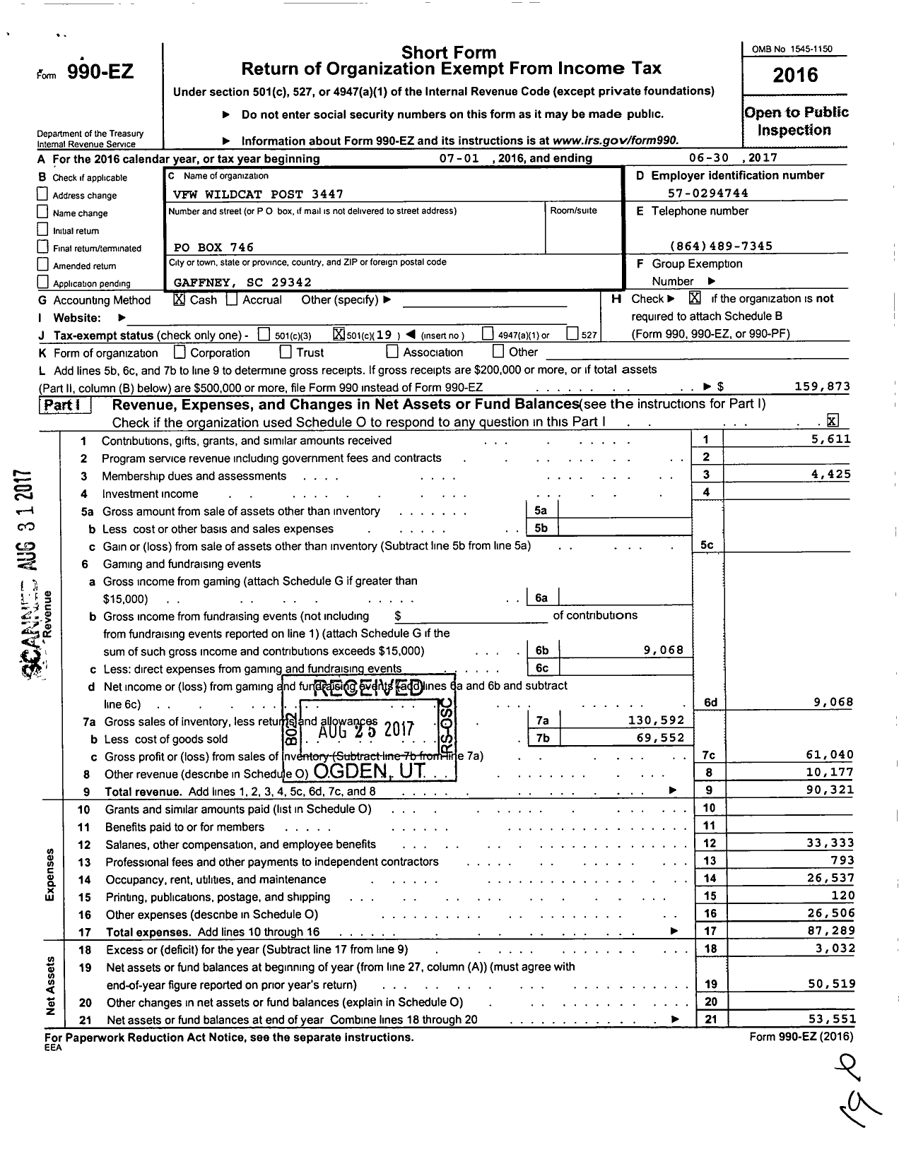 Image of first page of 2016 Form 990EO for Veterans of Foreign Wars of the United States Dept of So Carolina - 3447 Wild Cat Post