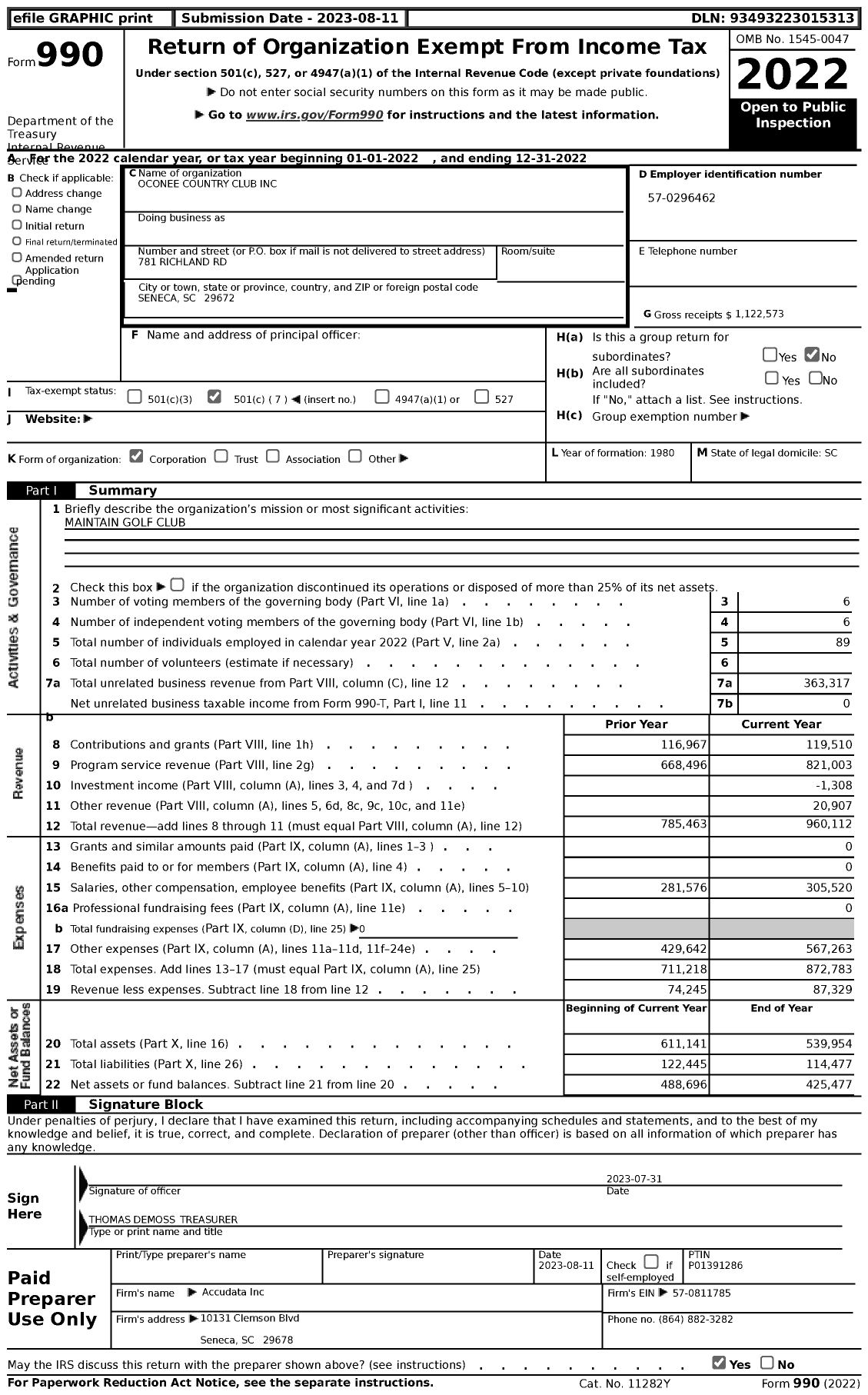 Image of first page of 2022 Form 990 for Oconee Country Club