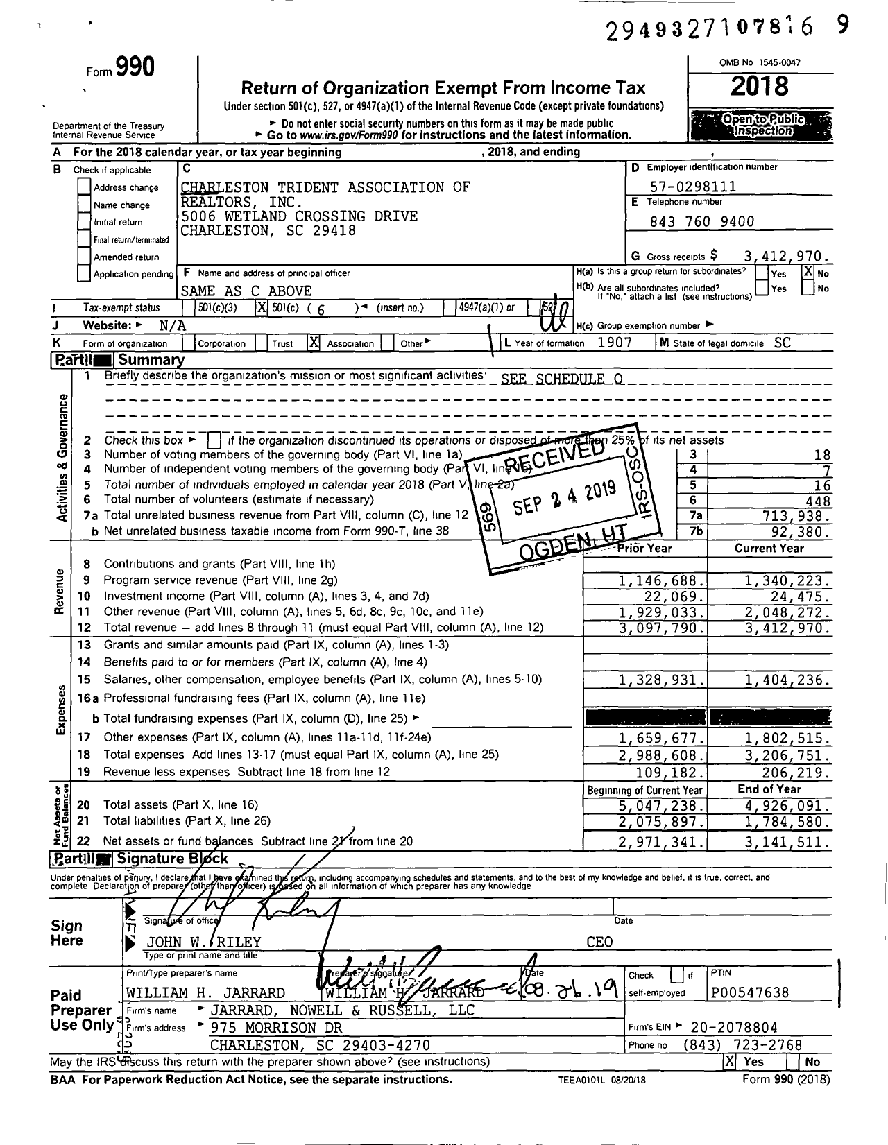 Image of first page of 2018 Form 990O for Charleston Trident Association Realtors (CTAR)