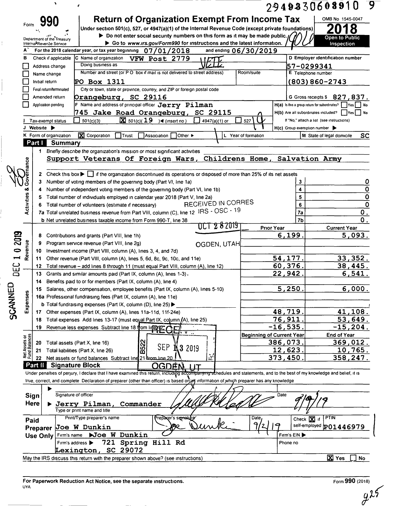 Image of first page of 2018 Form 990O for VFW Post 2779