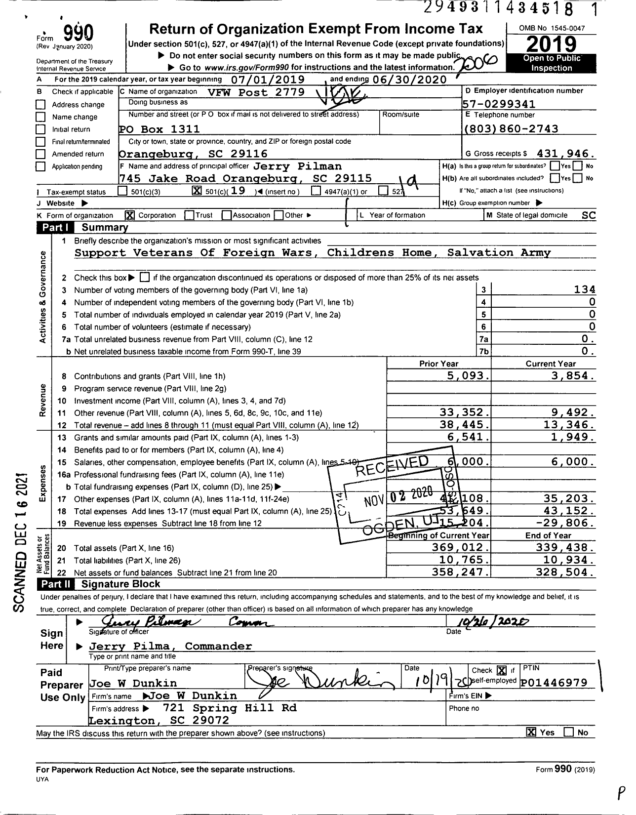 Image of first page of 2019 Form 990O for VFW Post 2779